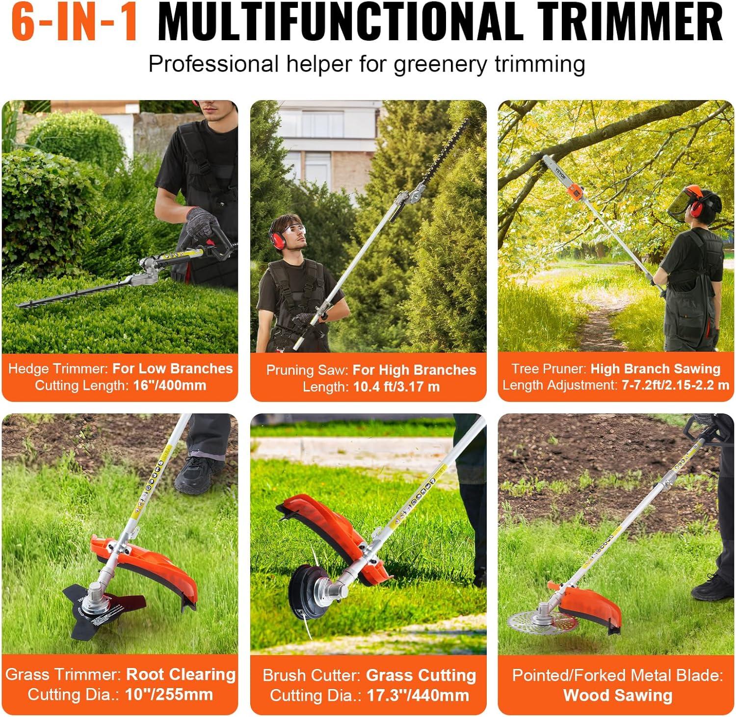 imageVEVOR 5in1 26cc 2 Cycle Gas Powered Dual Sided Hedge Trimmer Weed Eater String Trimmer Edger Pole Saw Chainsaw Pruner with EPA CE and EMC Certification33cc 5in1 Gas Hedge Trimmer  Weed Eater  String Trimmer  Brush Cutter  Edger  Pole Saw Chainsaw Pruner