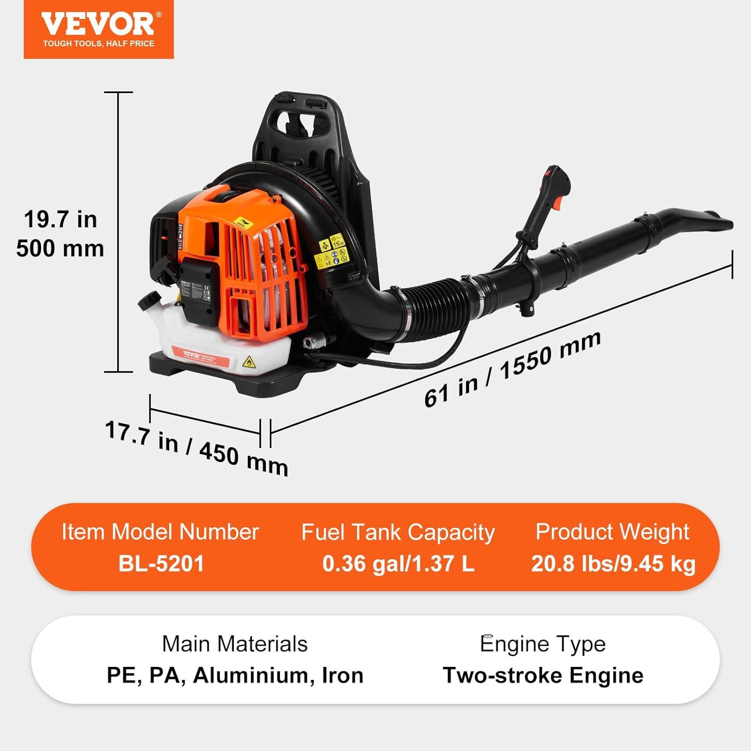 imageVEVOR 63CC Backpack Leaf Blower Gas Powered 189L Tank Delivers 1110CFM ampamp 220MPH Perfect for Garden Maintenance Clearing Leaves ampamp Snow52CC Backpack