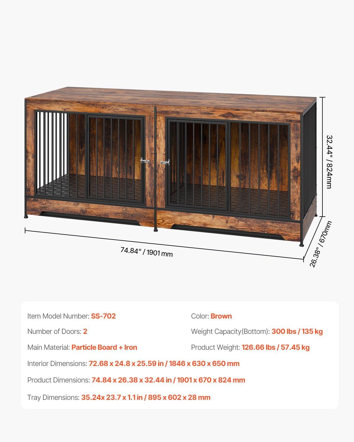 imageVEVOR 72quotDog Crate Furniture for 2 DogsDouble Dog Crate Furniture with Double Sliding DoorsLarge Dog Crate TV Stand with Removable TraySteel Frame Double Dog Crate for SmallMediumLarge Dogs White75