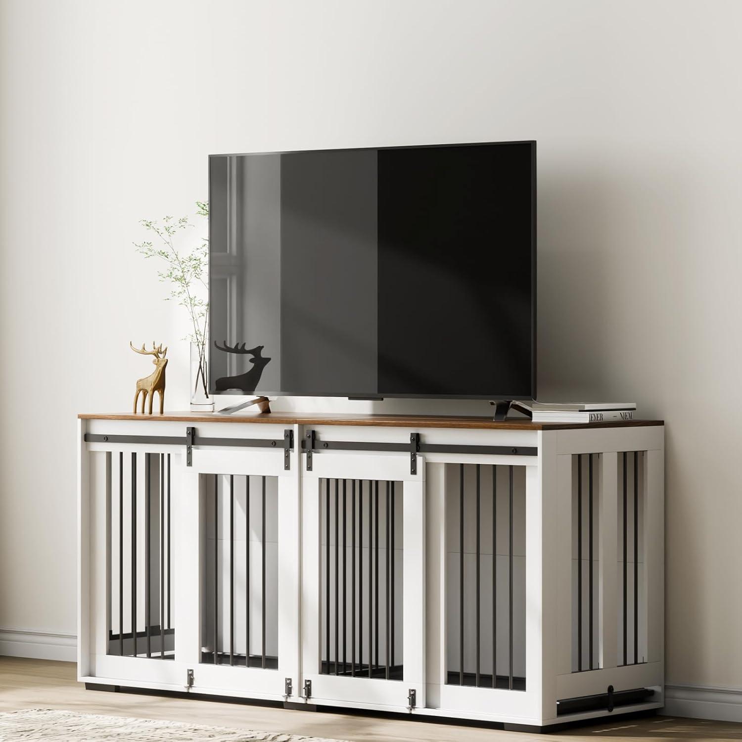 imageVEVOR 72quotDog Crate Furniture for 2 DogsDouble Dog Crate Furniture with Double Sliding DoorsLarge Dog Crate TV Stand with Removable TraySteel Frame Double Dog Crate for SmallMediumLarge Dogs White71
