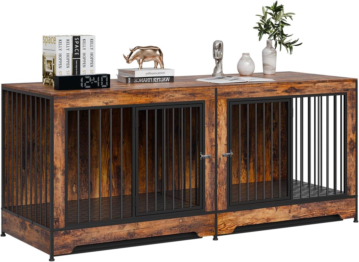 imageVEVOR 72quotDog Crate Furniture for 2 DogsDouble Dog Crate Furniture with Double Sliding DoorsLarge Dog Crate TV Stand with Removable TraySteel Frame Double Dog Crate for SmallMediumLarge Dogs White75
