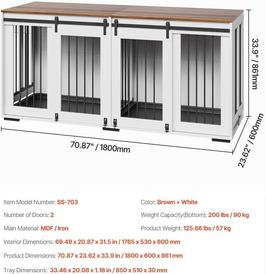 imageVEVOR 72quotDog Crate Furniture for 2 DogsDouble Dog Crate Furniture with Double Sliding DoorsLarge Dog Crate TV Stand with Removable TraySteel Frame Double Dog Crate for SmallMediumLarge Dogs White71