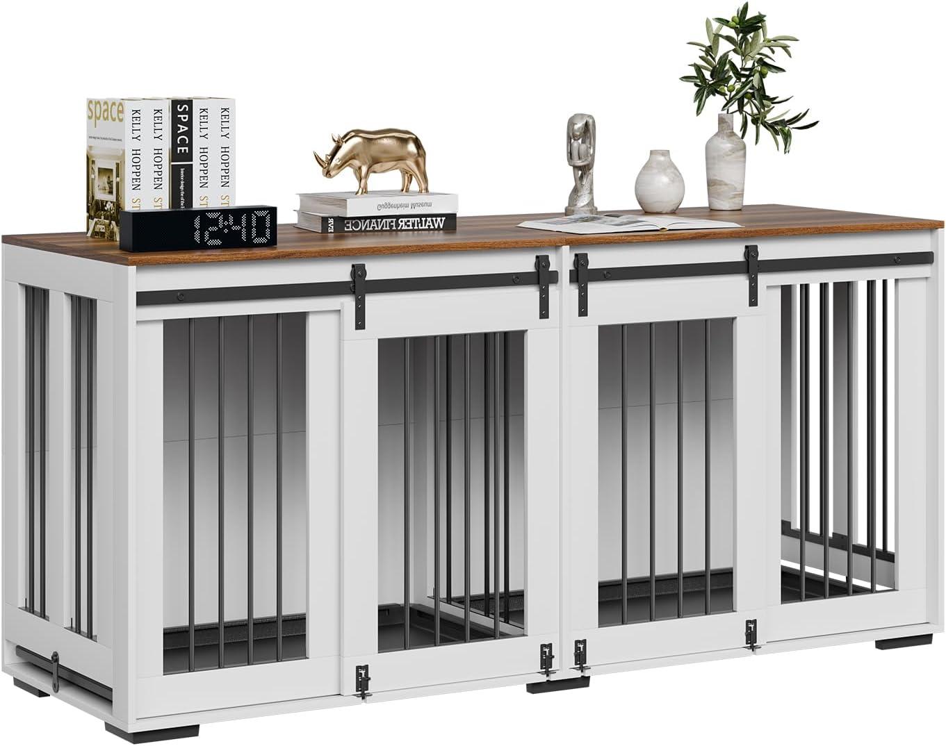 imageVEVOR 72quotDog Crate Furniture for 2 DogsDouble Dog Crate Furniture with Double Sliding DoorsLarge Dog Crate TV Stand with Removable TraySteel Frame Double Dog Crate for SmallMediumLarge Dogs White71