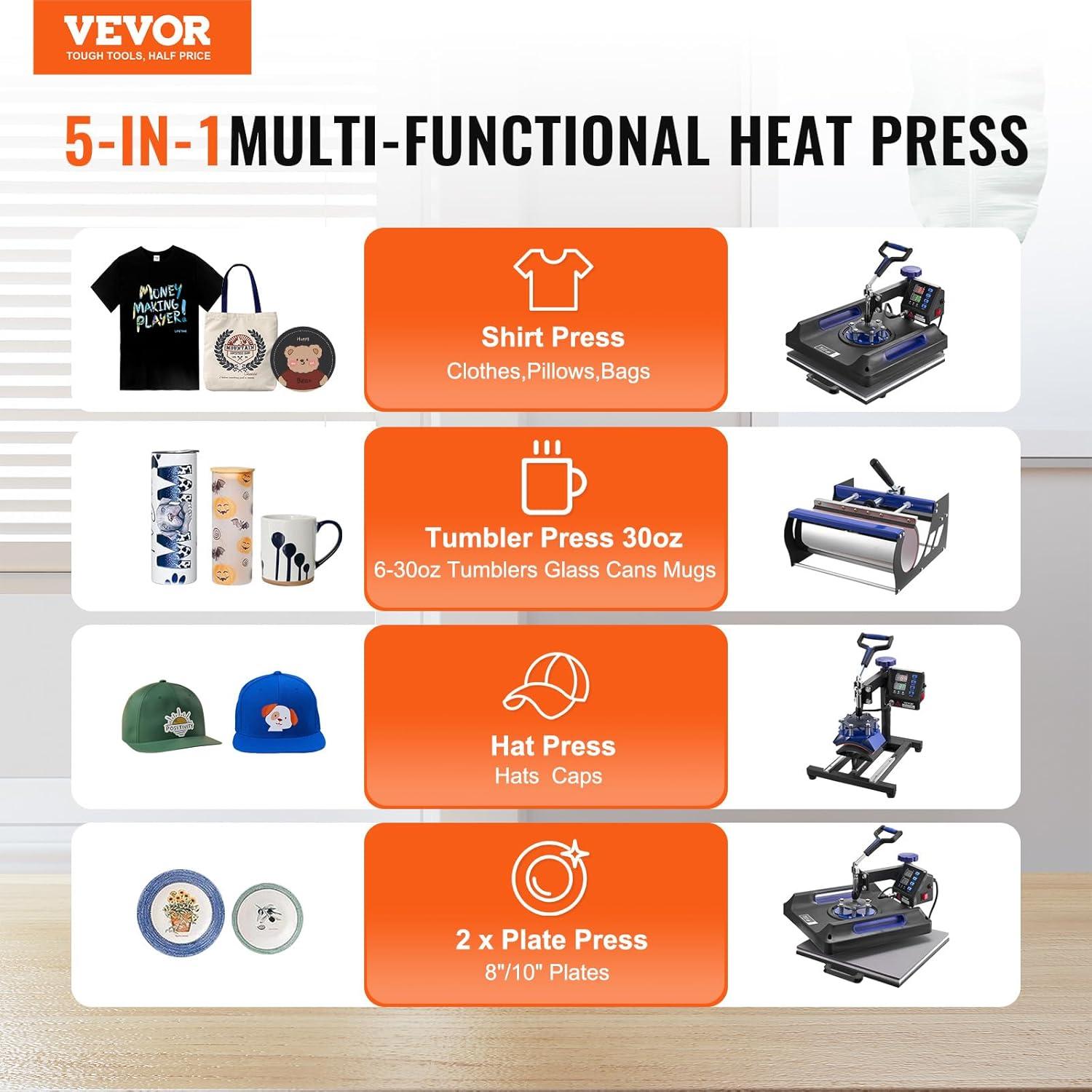 imageVEVOR 8 in 1 Heat Press Machine 15x15 Inch 360 Swing Away Tshirt Press Digital Professional Sublimation Heat Transfer for T Shirts Hat Cap Mug PlateBlue