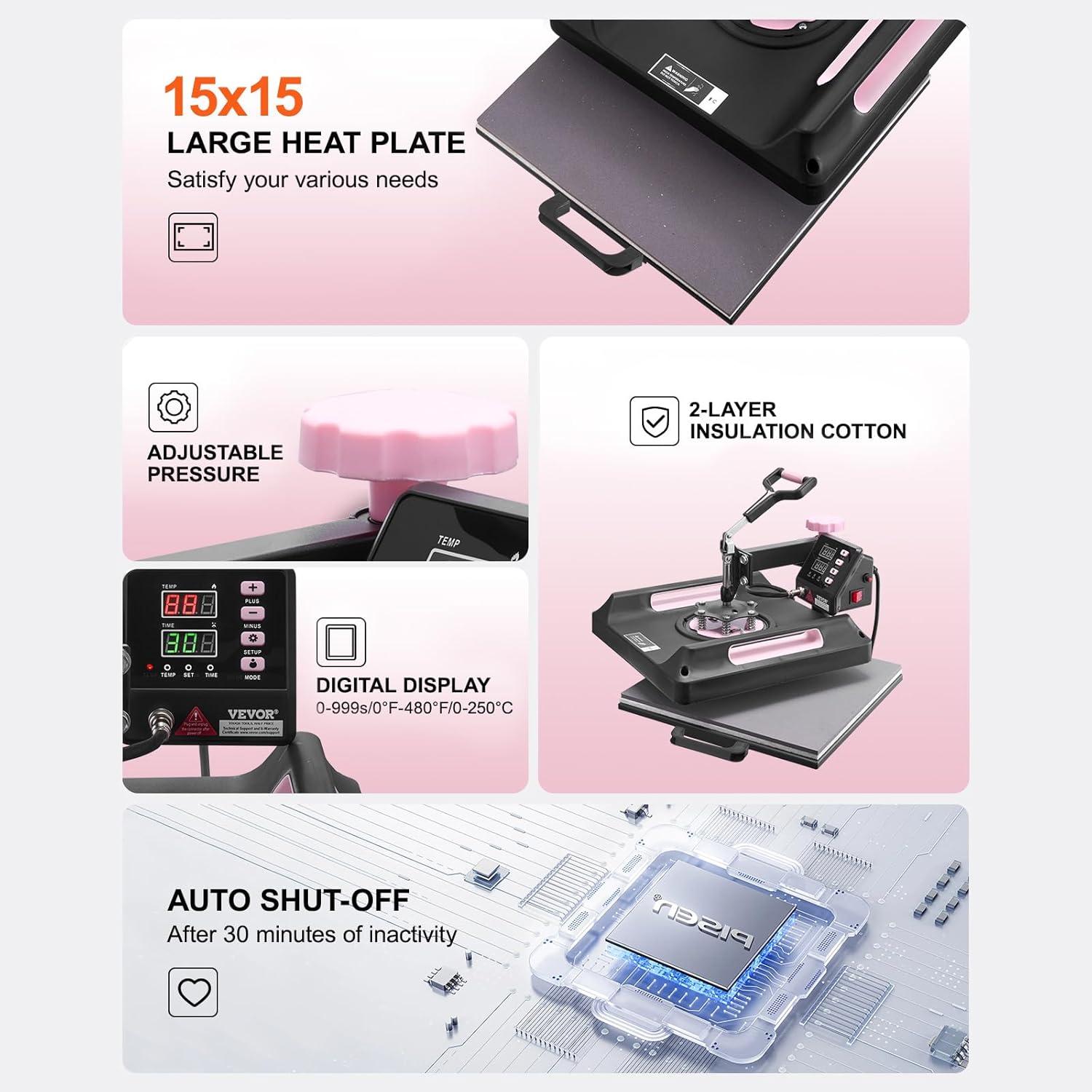 imageVEVOR 8 in 1 Heat Press Machine 15x15 Inch 360 Swing Away Tshirt Press Digital Professional Sublimation Heat Transfer for T Shirts Hat Cap Mug PlatePink