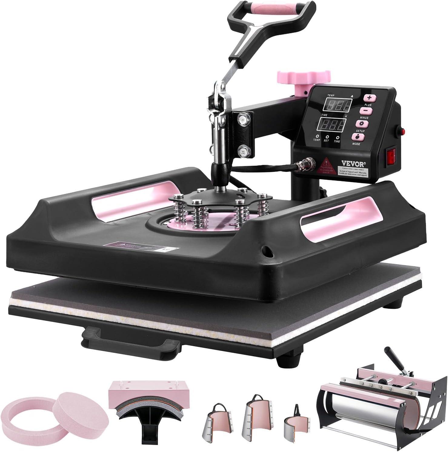 imageVEVOR 8 in 1 Heat Press Machine 15x15 Inch 360 Swing Away Tshirt Press Digital Professional Sublimation Heat Transfer for T Shirts Hat Cap Mug PlatePink