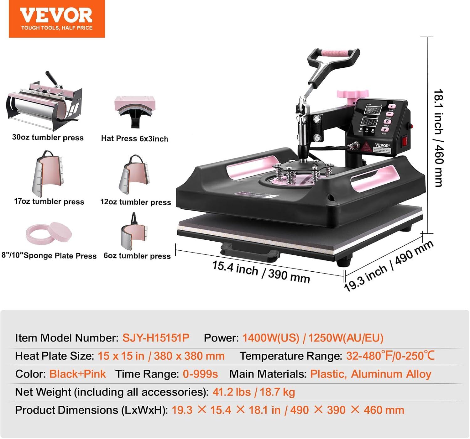 imageVEVOR 8 in 1 Heat Press Machine 15x15 Inch 360 Swing Away Tshirt Press Digital Professional Sublimation Heat Transfer for T Shirts Hat Cap Mug PlatePink
