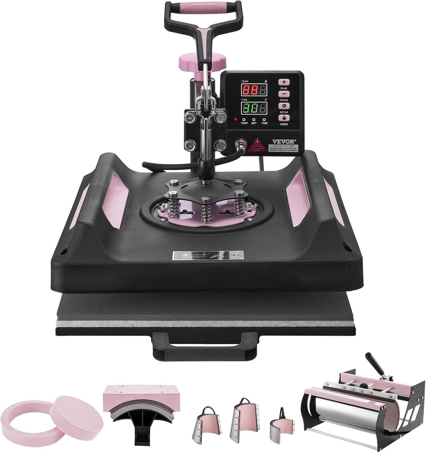 imageVEVOR 8 in 1 Heat Press Machine 15x15 Inch 360 Swing Away Tshirt Press Digital Professional Sublimation Heat Transfer for T Shirts Hat Cap Mug PlatePink