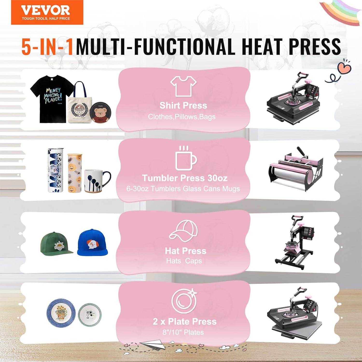 imageVEVOR 8 in 1 Heat Press Machine 15x15 Inch 360 Swing Away Tshirt Press Digital Professional Sublimation Heat Transfer for T Shirts Hat Cap Mug PlatePink