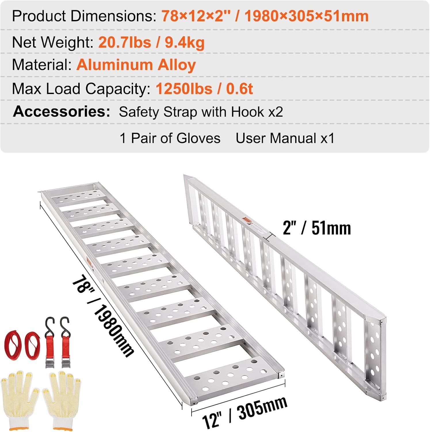 imageVEVOR Aluminum Ramps 1250lbs Straight Ramp with Treads and Load Straps Portable Loading Ramp for Motorcycles ATVs Trucks Lawn Mower Dirt Bike Garden Tractor 78quot L x 12quot W 2Pcs1250lbs