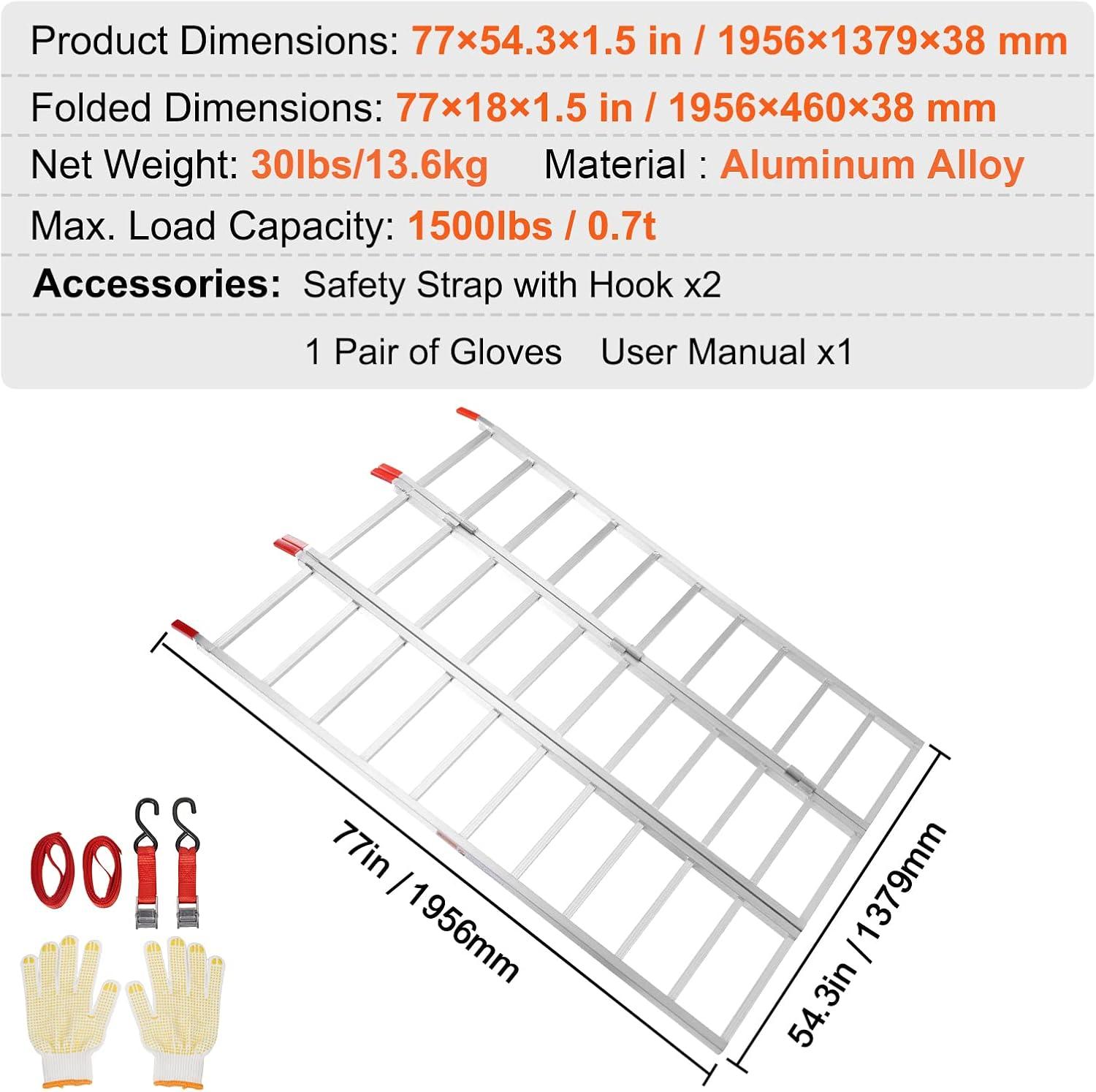imageVEVOR Aluminum Ramps 1250lbs Straight Ramp with Treads and Load Straps Portable Loading Ramp for Motorcycles ATVs Trucks Lawn Mower Dirt Bike Garden Tractor 78quot L x 12quot W 2Pcs1500lbs