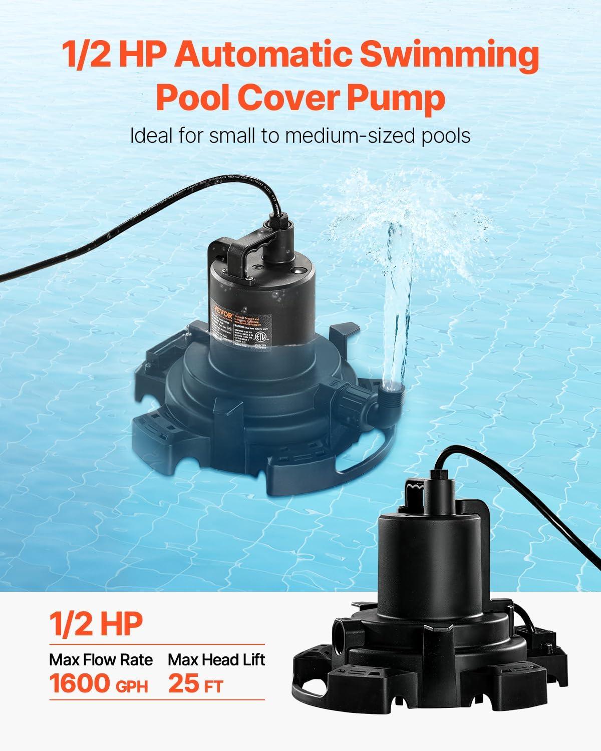 imageVEVOR Automatic Pool Cover Pump 12 HP 1600 GPH 120V Submersible Swimming Pool Cover Pump with 25 ft Power Cord 25 ft Max Head Lift Water Removal and Transfer Pump for Pool Draining Hot Tubs12 HP 1600 GPH