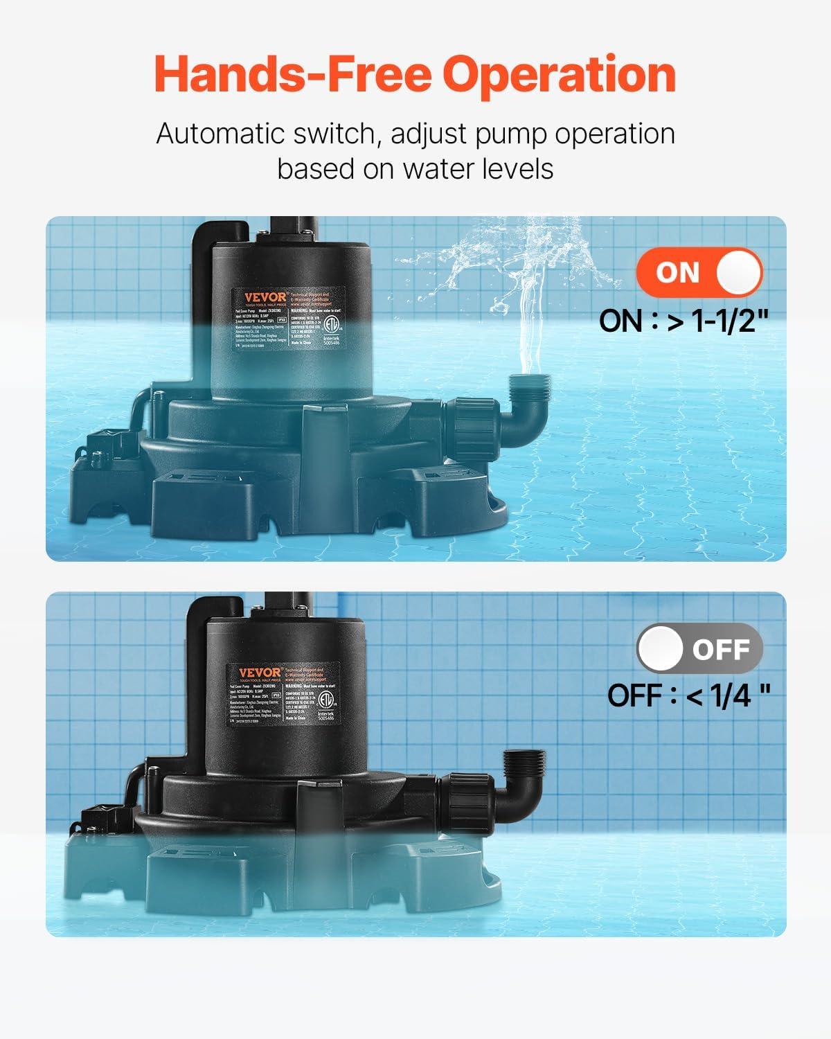 imageVEVOR Automatic Pool Cover Pump 12 HP 1600 GPH 120V Submersible Swimming Pool Cover Pump with 25 ft Power Cord 25 ft Max Head Lift Water Removal and Transfer Pump for Pool Draining Hot Tubs12 HP 1600 GPH