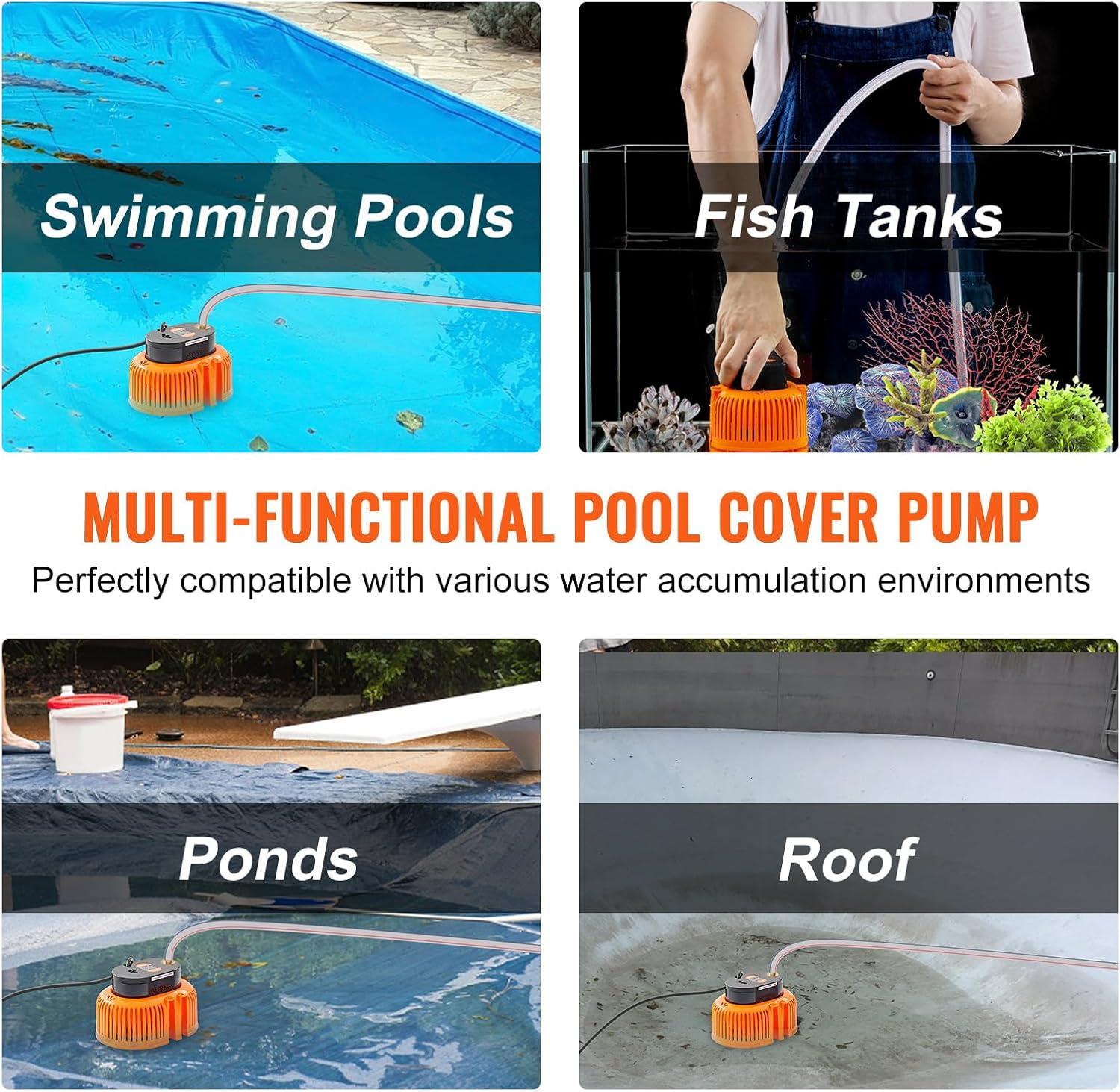 imageVEVOR Automatic Pool Cover Pump 12 HP 1600 GPH 120V Submersible Swimming Pool Cover Pump with 25 ft Power Cord 25 ft Max Head Lift Water Removal and Transfer Pump for Pool Draining Hot Tubs110 HP 540 GPH
