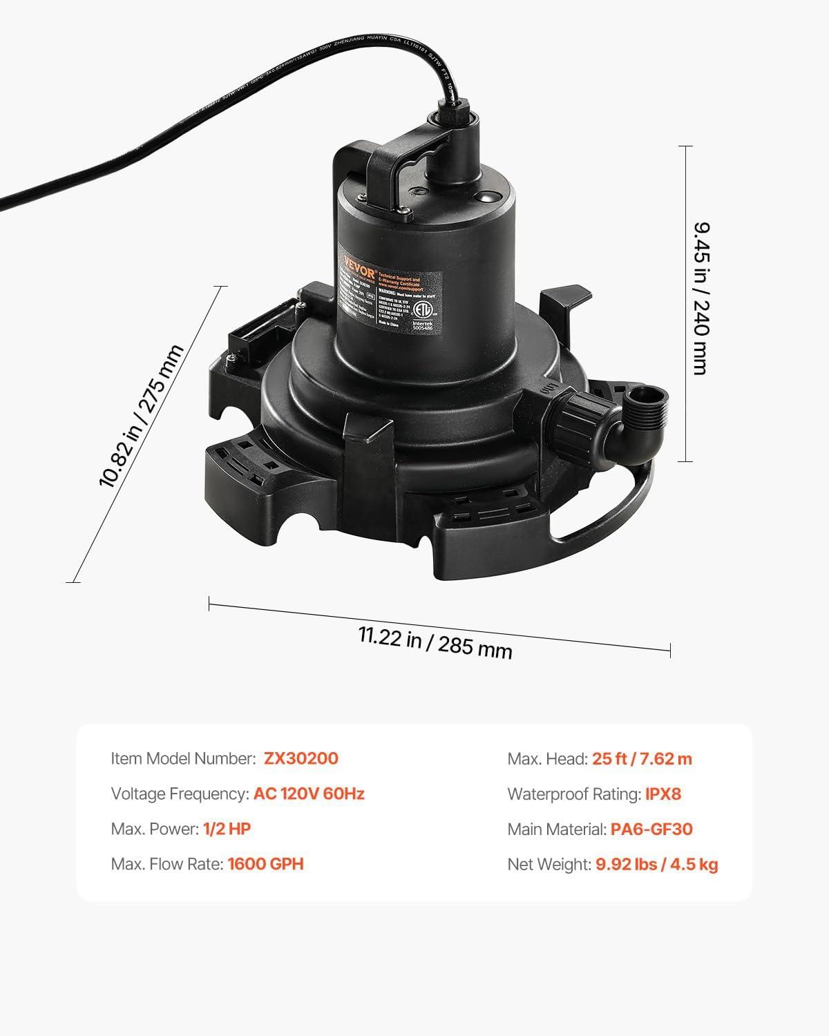 imageVEVOR Automatic Pool Cover Pump 12 HP 1600 GPH 120V Submersible Swimming Pool Cover Pump with 25 ft Power Cord 25 ft Max Head Lift Water Removal and Transfer Pump for Pool Draining Hot Tubs12 HP 1600 GPH