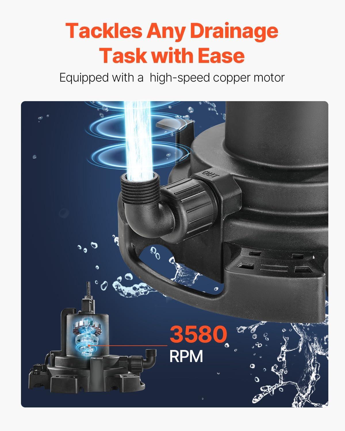 imageVEVOR Automatic Pool Cover Pump 12 HP 1600 GPH 120V Submersible Swimming Pool Cover Pump with 25 ft Power Cord 25 ft Max Head Lift Water Removal and Transfer Pump for Pool Draining Hot Tubs12 HP 1600 GPH