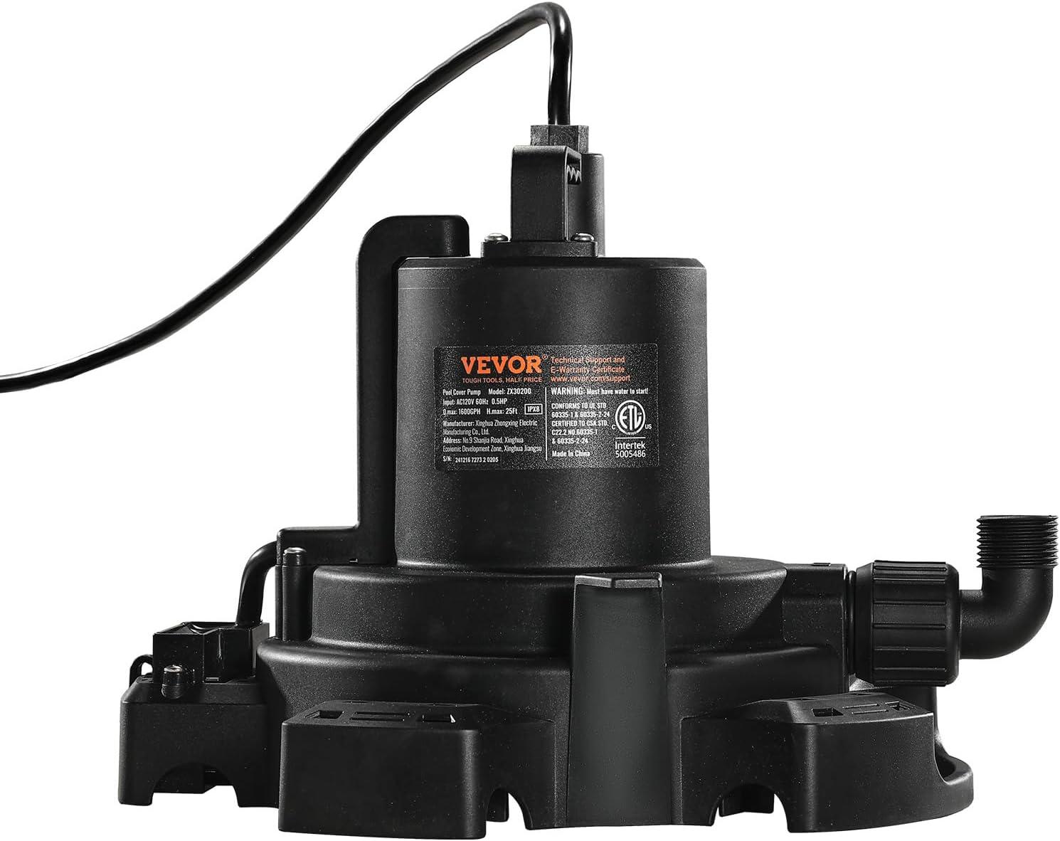 imageVEVOR Automatic Pool Cover Pump 12 HP 1600 GPH 120V Submersible Swimming Pool Cover Pump with 25 ft Power Cord 25 ft Max Head Lift Water Removal and Transfer Pump for Pool Draining Hot Tubs12 HP 1600 GPH