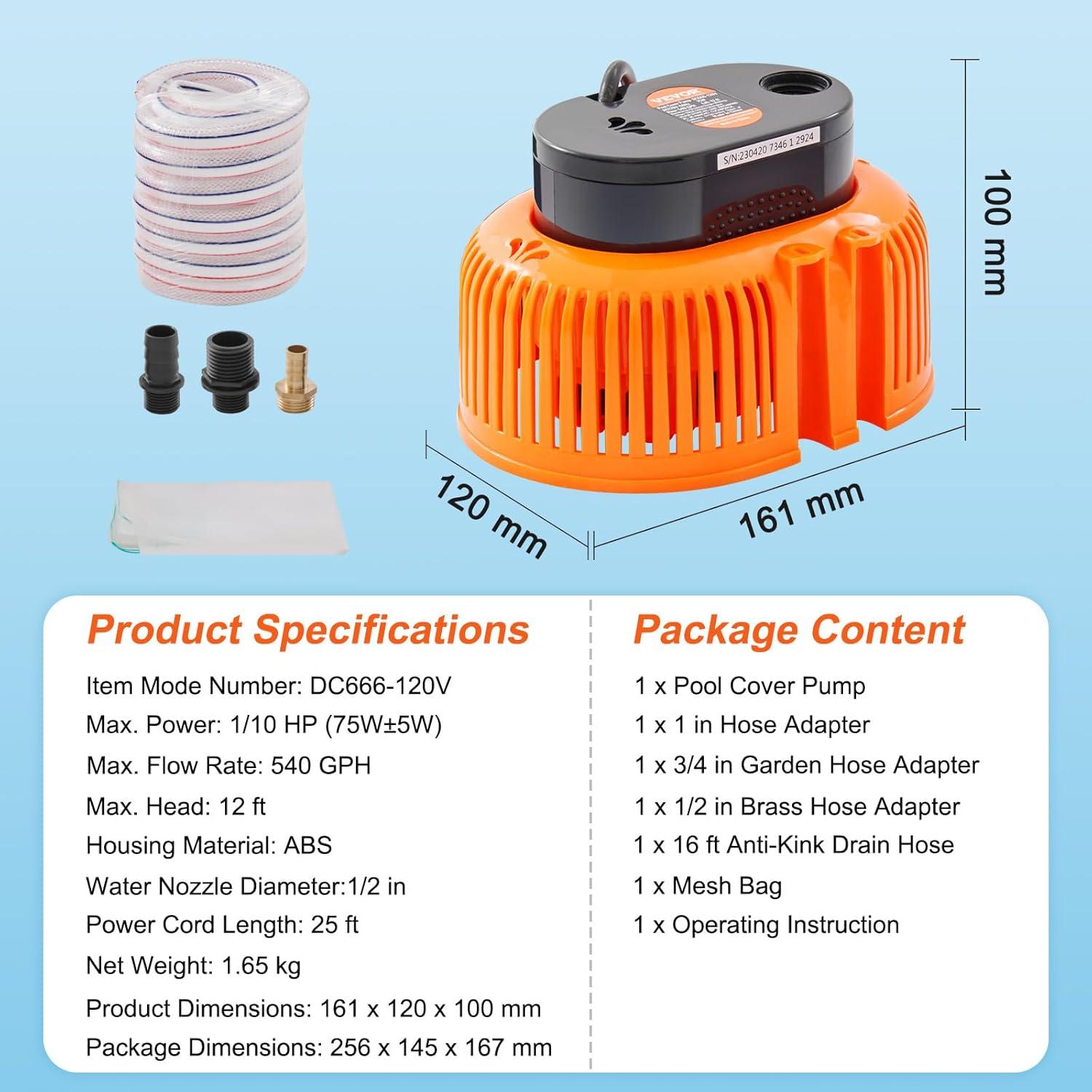 imageVEVOR Automatic Pool Cover Pump 12 HP 1600 GPH 120V Submersible Swimming Pool Cover Pump with 25 ft Power Cord 25 ft Max Head Lift Water Removal and Transfer Pump for Pool Draining Hot Tubs110 HP 540 GPH