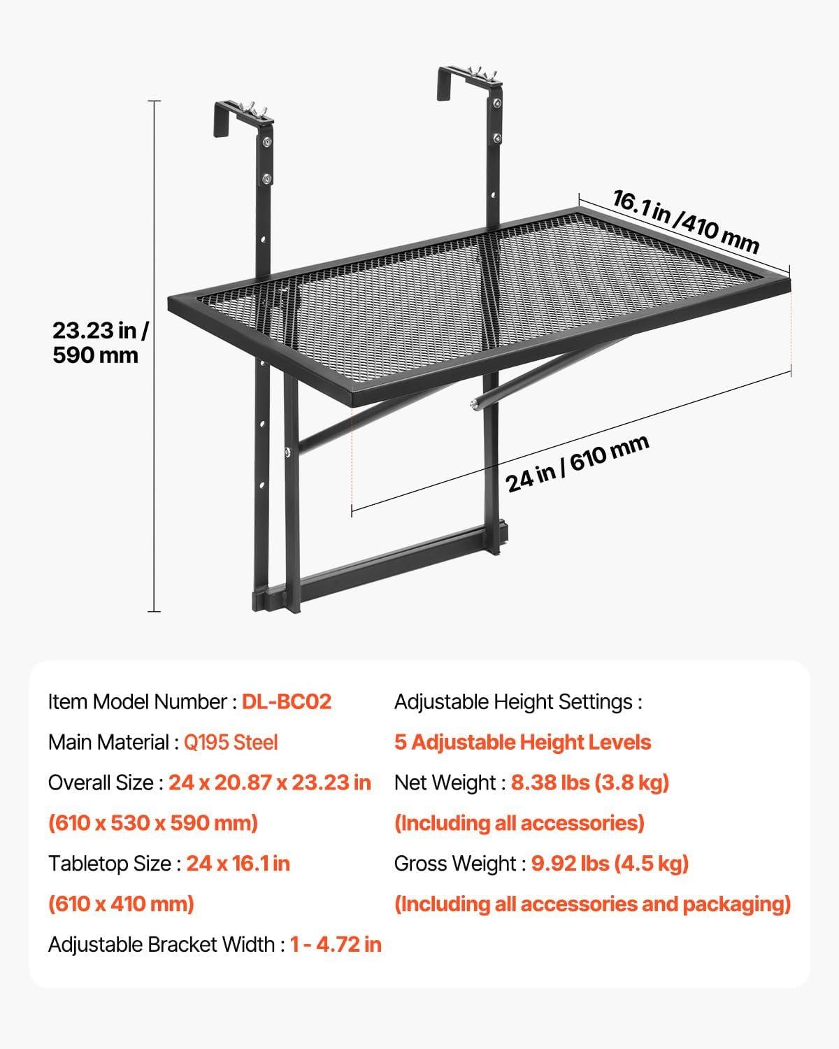 imageVEVOR Balcony Hanging Table 24 x 16 inch Metal Folding Balcony Railing Table Outdoor Balcony Bar Table for Railings 5Level Adjustable Fit Railing from 1quot to 47quot Serving Table for Patio ampamp Deck