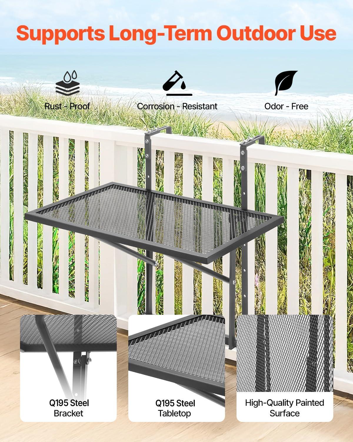 imageVEVOR Balcony Hanging Table 24 x 16 inch Metal Folding Balcony Railing Table Outdoor Balcony Bar Table for Railings 5Level Adjustable Fit Railing from 1quot to 47quot Serving Table for Patio ampamp Deck