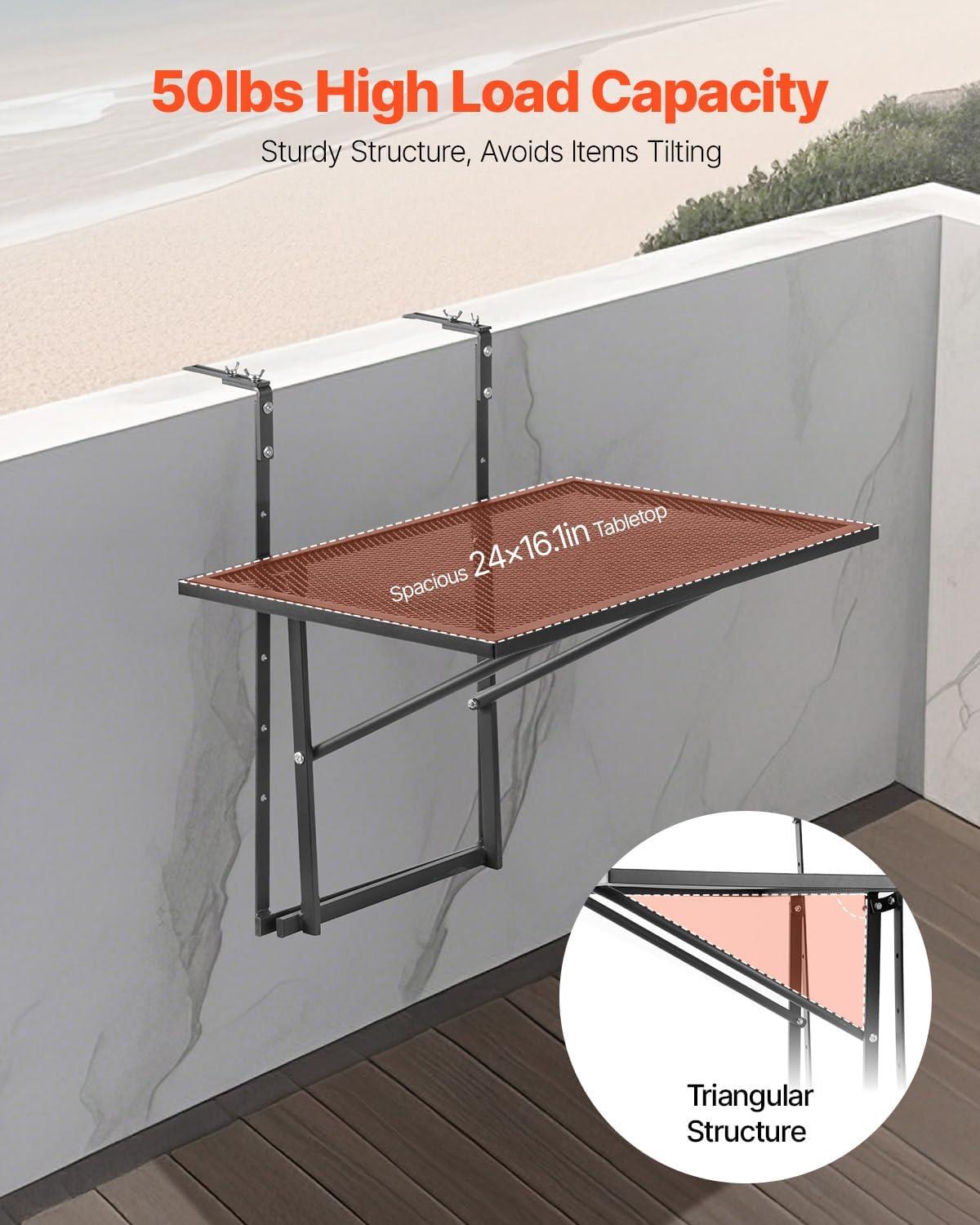 imageVEVOR Balcony Hanging Table 24 x 16 inch Metal Folding Balcony Railing Table Outdoor Balcony Bar Table for Railings 5Level Adjustable Fit Railing from 1quot to 47quot Serving Table for Patio ampamp Deck