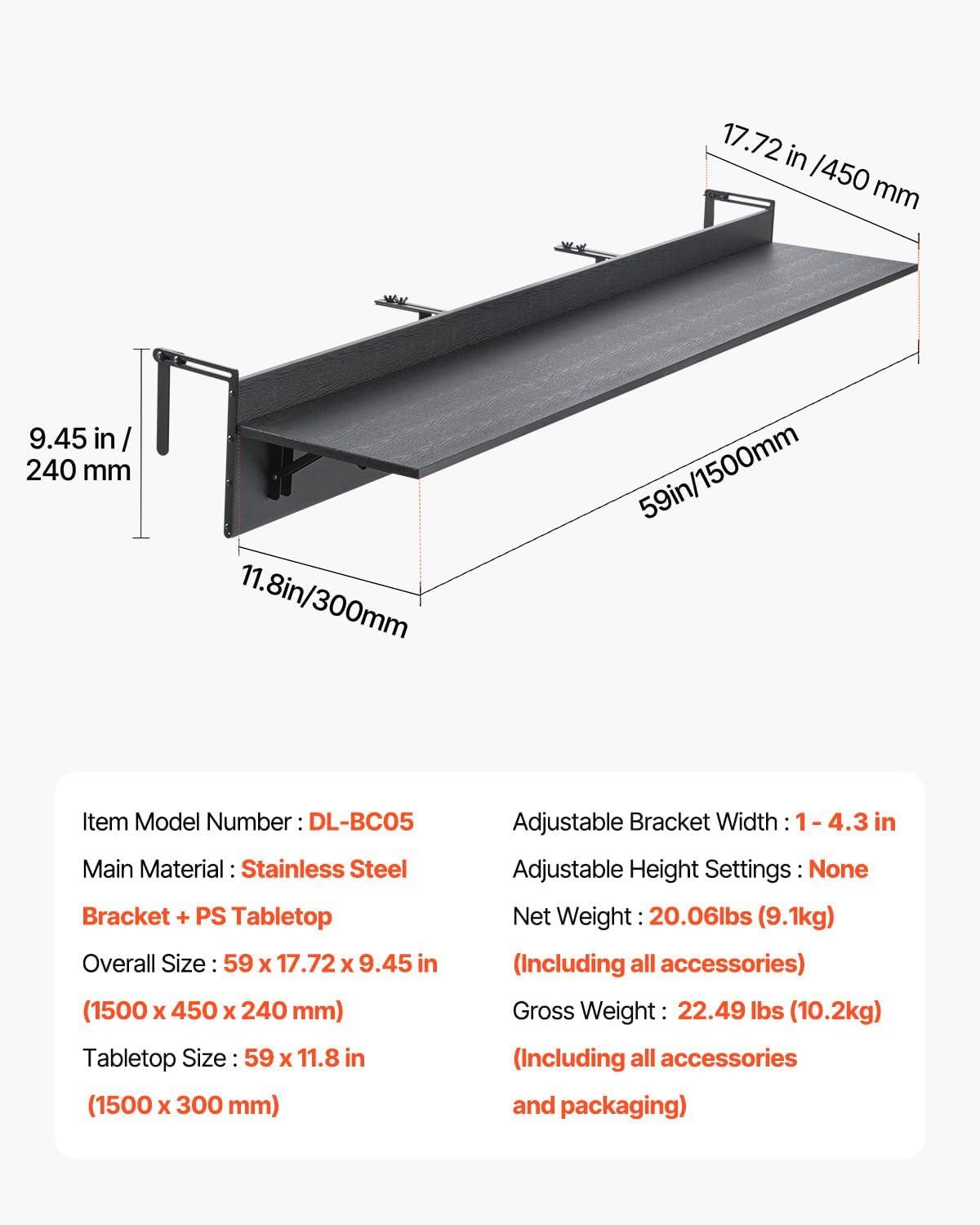 imageVEVOR Balcony Hanging Table 315 x 12 inch Folding Balcony Railing Table Outdoor Bar Table 50 lbs Loading Fit Railing from 1quot to 43quot Serving for Patio ampamp Deck59 x 12 inch
