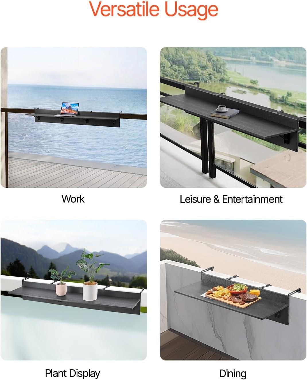 imageVEVOR Balcony Hanging Table 315 x 12 inch Folding Balcony Railing Table Outdoor Bar Table 50 lbs Loading Fit Railing from 1quot to 43quot Serving for Patio ampamp Deck59 x 12 inch