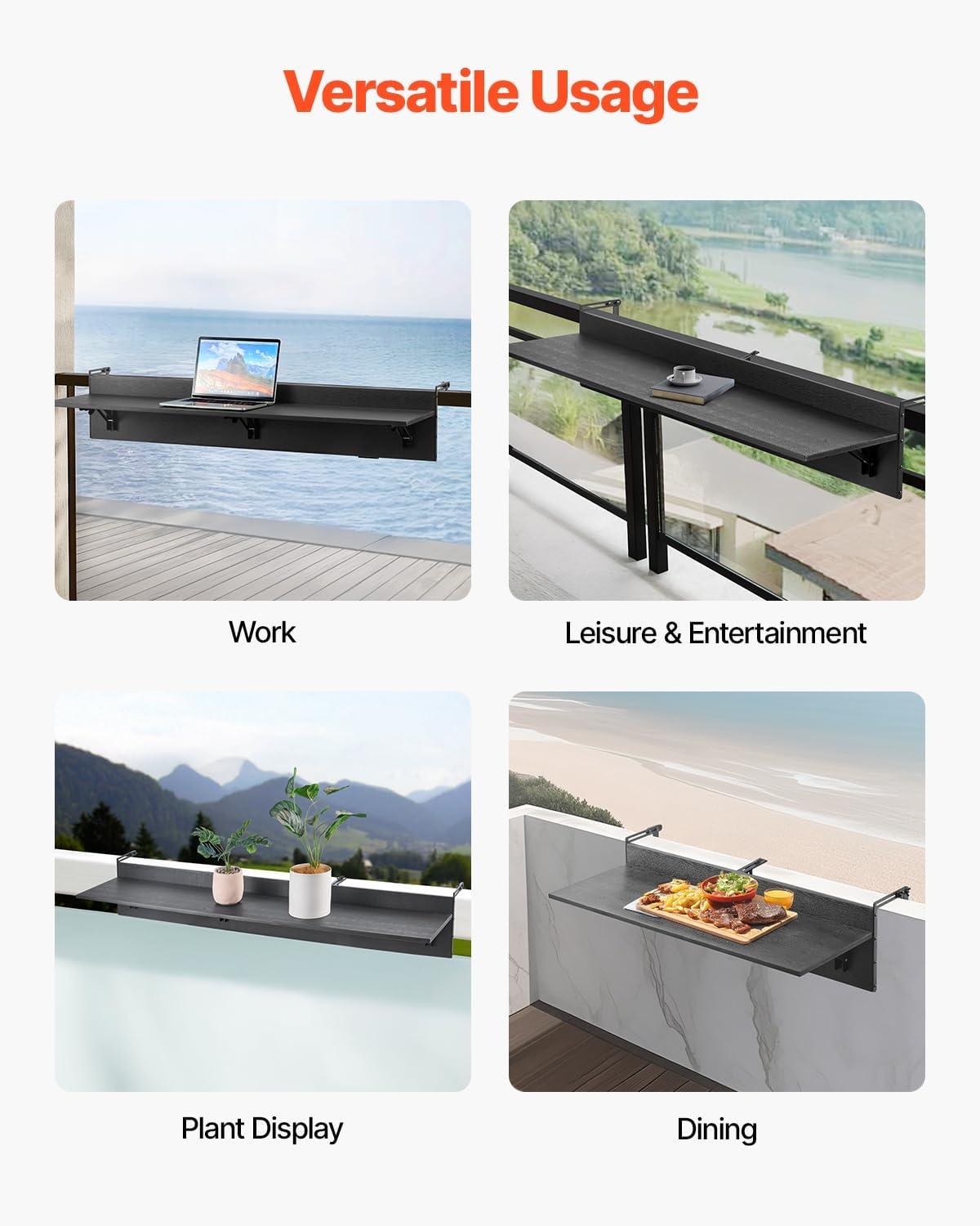 imageVEVOR Balcony Hanging Table 315 x 12 inch Folding Balcony Railing Table Outdoor Bar Table 50 lbs Loading Fit Railing from 1quot to 43quot Serving for Patio ampamp Deck48 x 12 inch