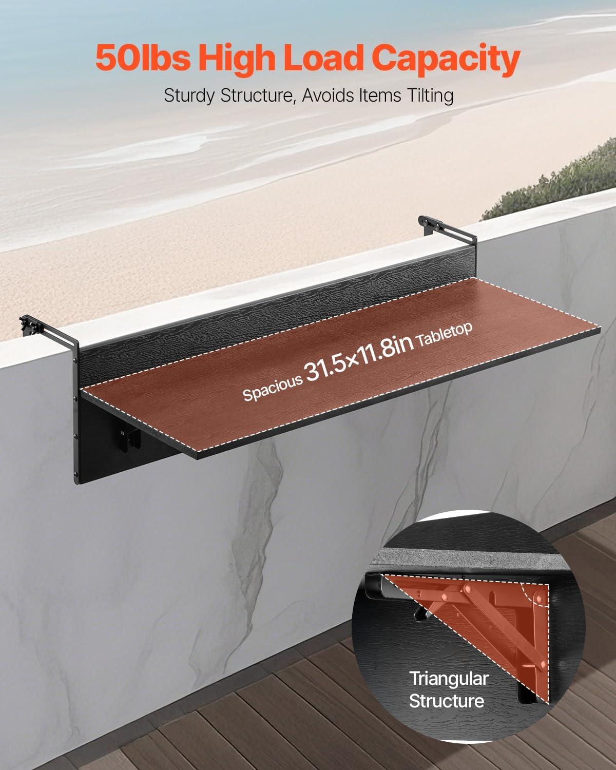 imageVEVOR Balcony Hanging Table 315 x 12 inch Folding Balcony Railing Table Outdoor Bar Table 50 lbs Loading Fit Railing from 1quot to 43quot Serving for Patio ampamp Deck315 x 12 inch
