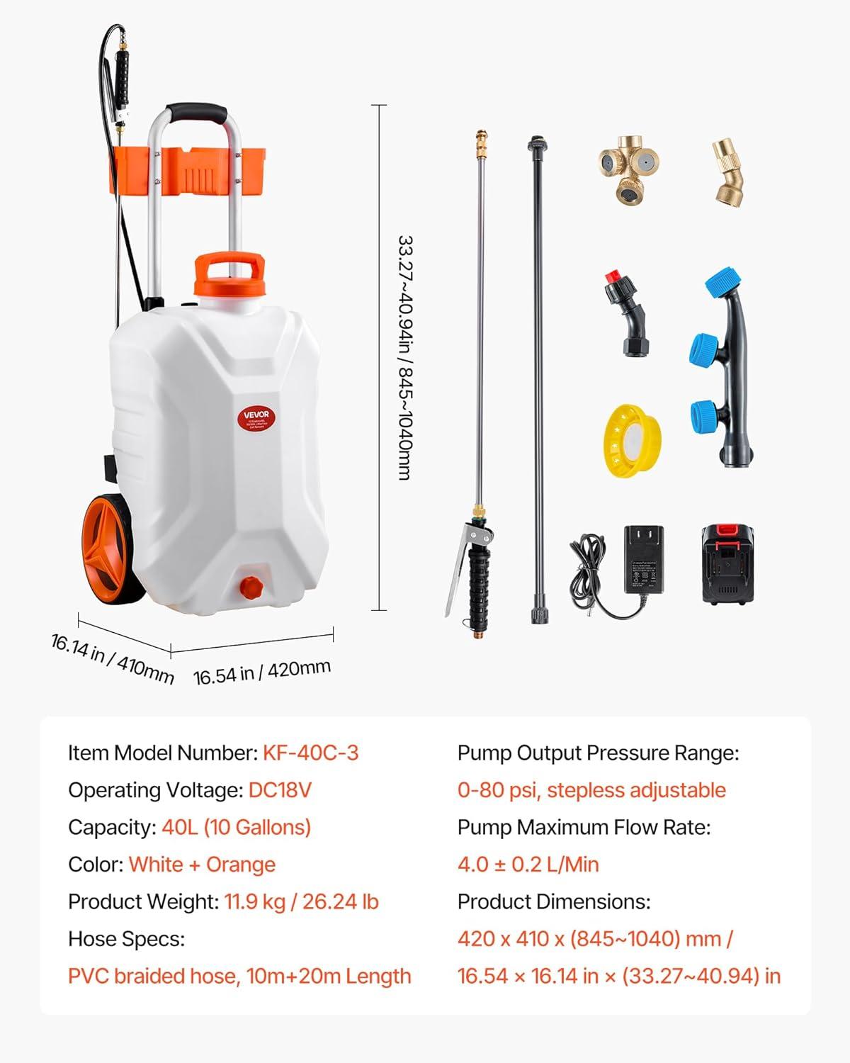imageVEVOR Battery Powered Backpack Sprayer 32 Gal Powerful Electric Backpack Sprayer 2 Retractable Wands ampamp 5 Nozzles Adjustable 090 PSI 2 Hour Runtime Portable Weed Sprayers for Yard Garden Lawn10 Gal Sprayer with Wheels