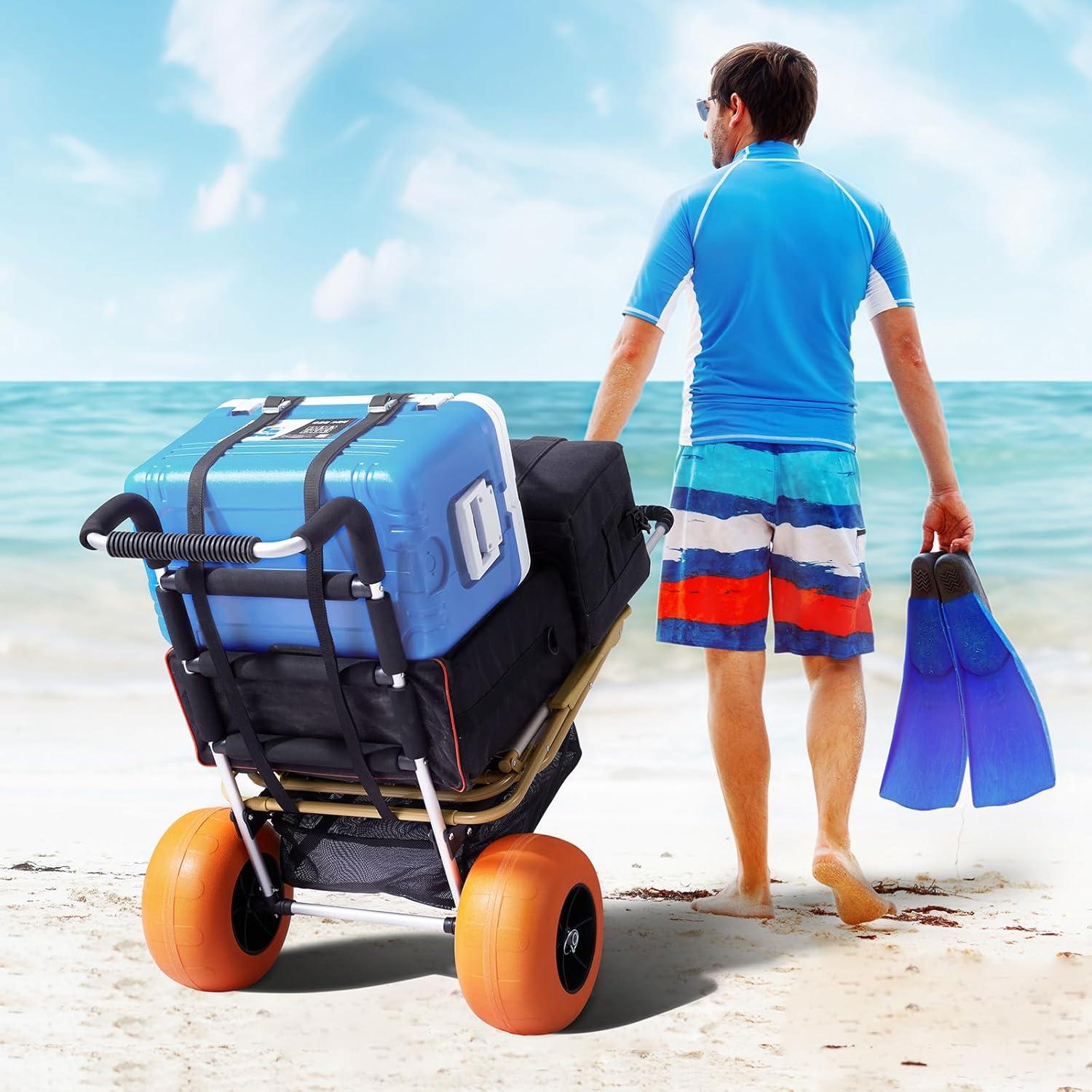 imageVEVOR Beach Dolly with Big Wheels for Sand 299quot x 154quot Cargo Deck w 12quot Balloon Wheels 165LBS Loading Capacity Folding Sand Cart ampamp 27quot to 447quot Adjustable Height Heavy Duty Cart for Beach30 x 15 Cargo Deck  12 Balloon Wheels