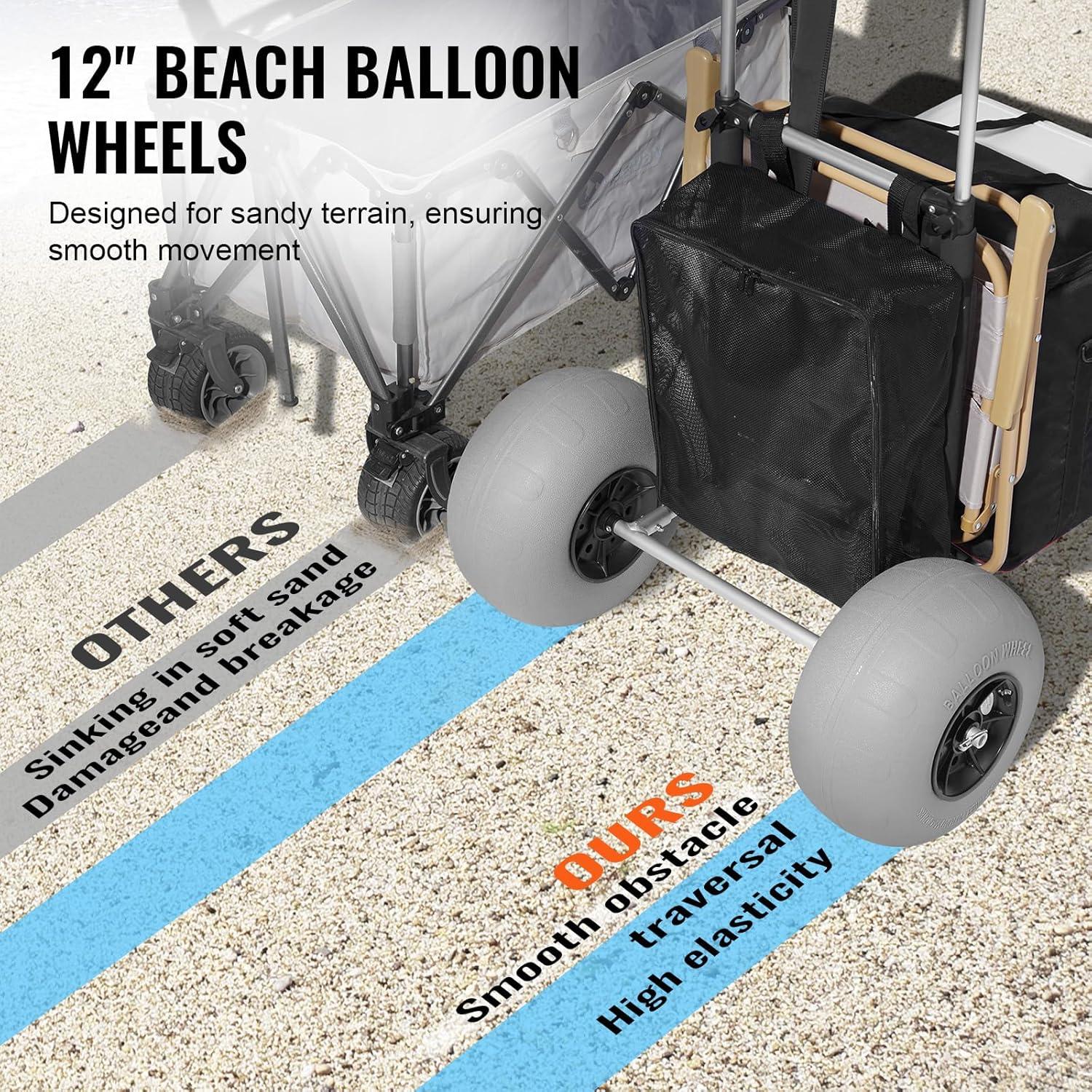 imageVEVOR Beach Dolly with Big Wheels for Sand 299quot x 154quot Cargo Deck w 12quot Balloon Wheels 165LBS Loading Capacity Folding Sand Cart ampamp 27quot to 447quot Adjustable Height Heavy Duty Cart for Beach30 x 15 Cargo Deck  12 Balloon Wheels