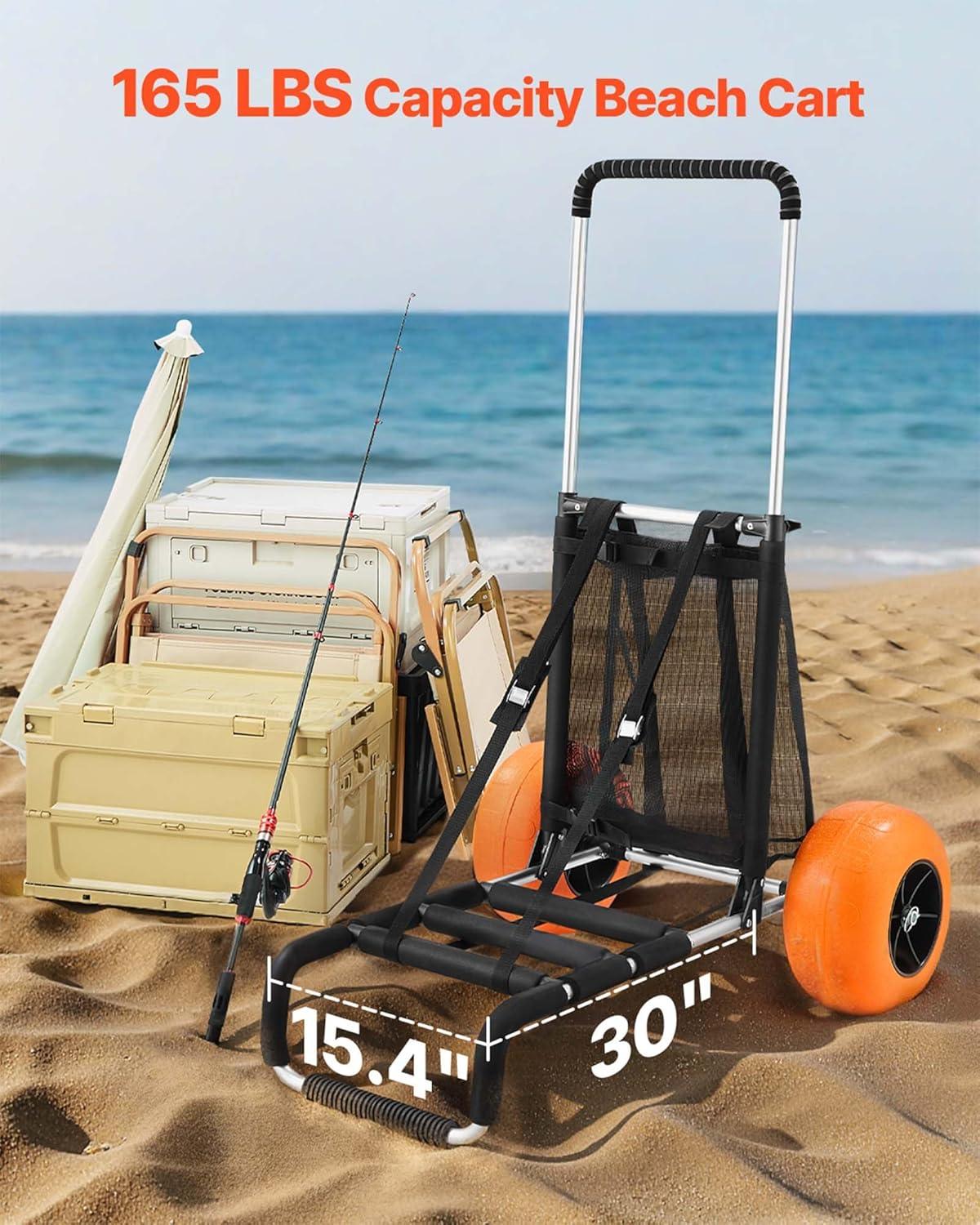 imageVEVOR Beach Dolly with Big Wheels for Sand 299quot x 154quot Cargo Deck w 12quot Balloon Wheels 165LBS Loading Capacity Folding Sand Cart ampamp 27quot to 447quot Adjustable Height Heavy Duty Cart for Beach30 x 15 Cargo Deck  12 Balloon Wheels