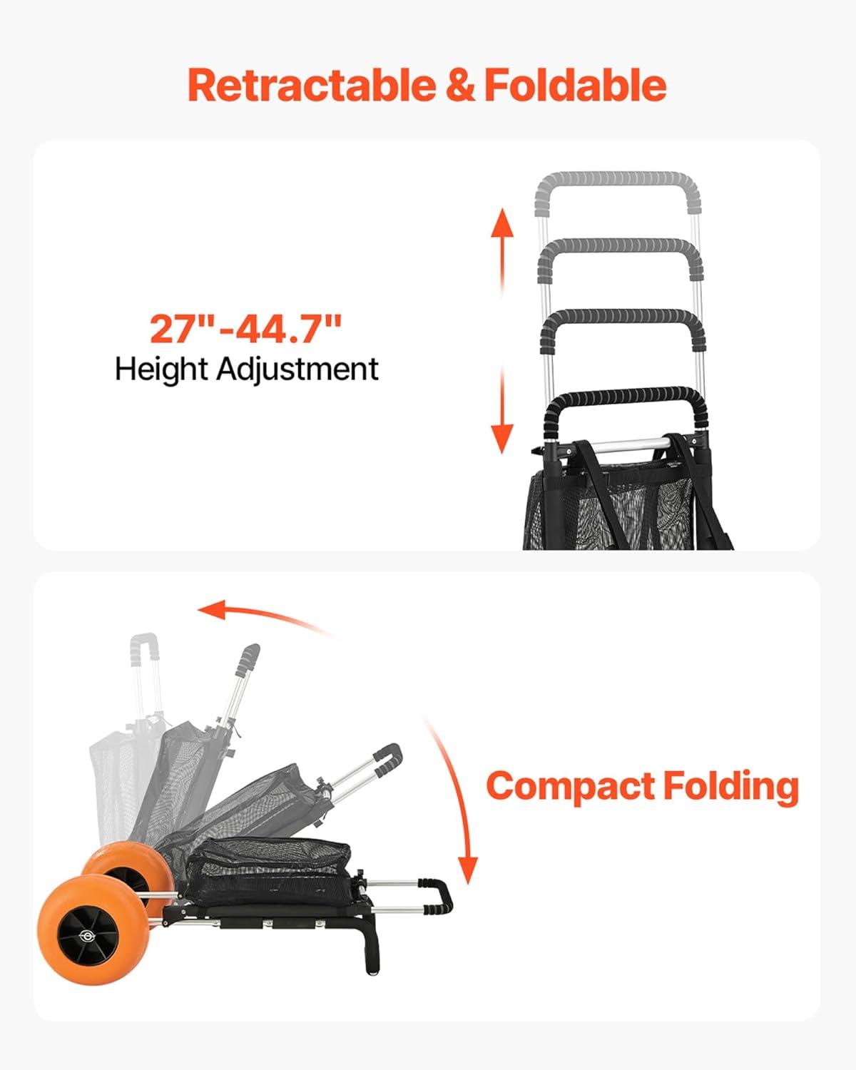 imageVEVOR Beach Dolly with Big Wheels for Sand 299quot x 154quot Cargo Deck w 12quot Balloon Wheels 165LBS Loading Capacity Folding Sand Cart ampamp 27quot to 447quot Adjustable Height Heavy Duty Cart for Beach30 x 15 Cargo Deck  12 Balloon Wheels