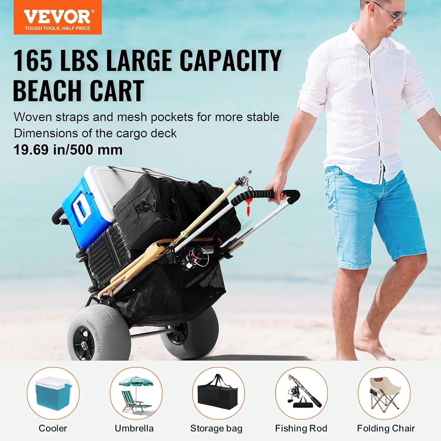 imageVEVOR Beach Dolly with Big Wheels for Sand 299quot x 154quot Cargo Deck w 12quot Balloon Wheels 165LBS Loading Capacity Folding Sand Cart ampamp 27quot to 447quot Adjustable Height Heavy Duty Cart for Beach30 x 15 Cargo Deck  12 Balloon Wheels