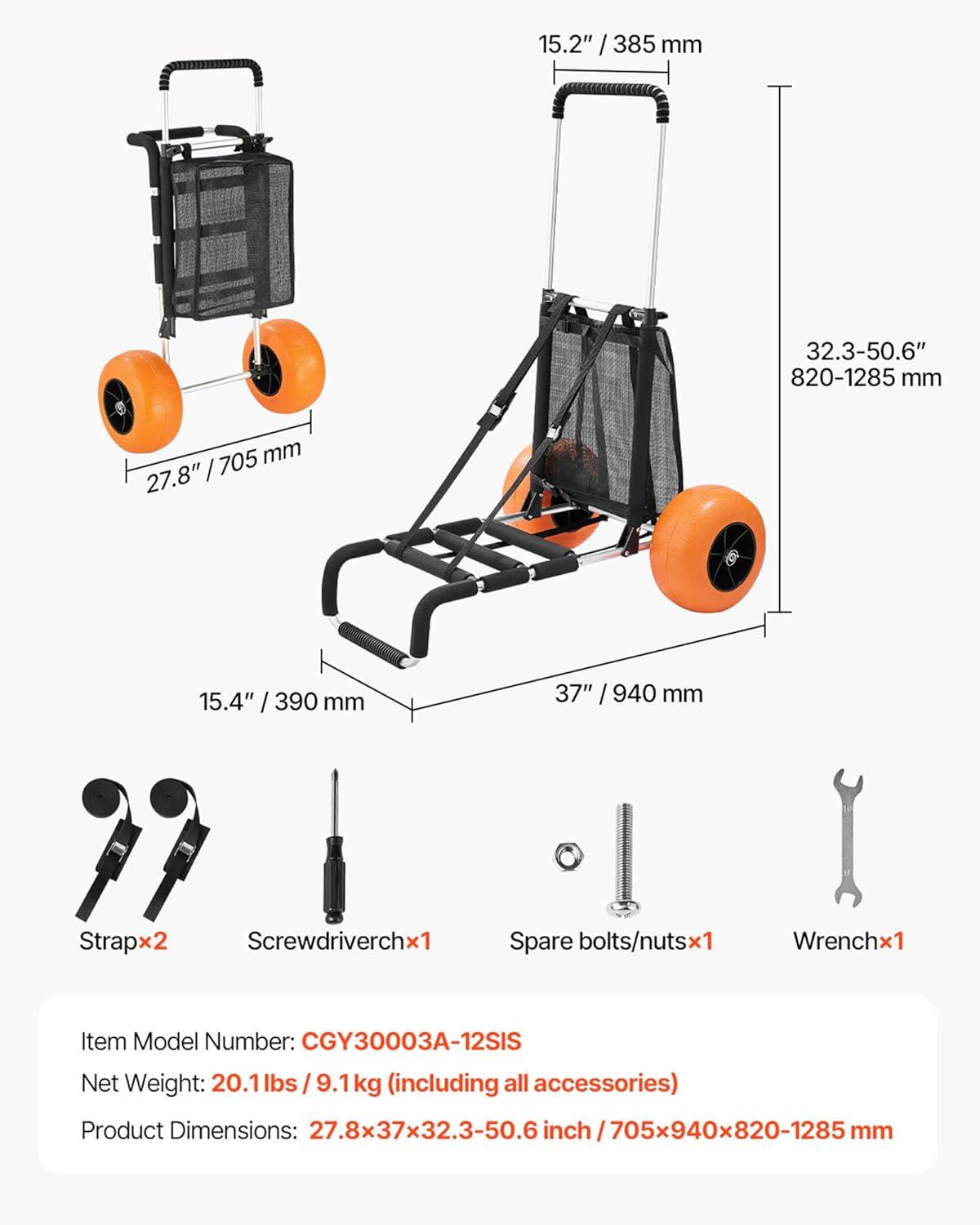 imageVEVOR Beach Dolly with Big Wheels for Sand 299quot x 154quot Cargo Deck w 12quot Balloon Wheels 165LBS Loading Capacity Folding Sand Cart ampamp 27quot to 447quot Adjustable Height Heavy Duty Cart for Beach30 x 15 Cargo Deck  12 Balloon Wheels