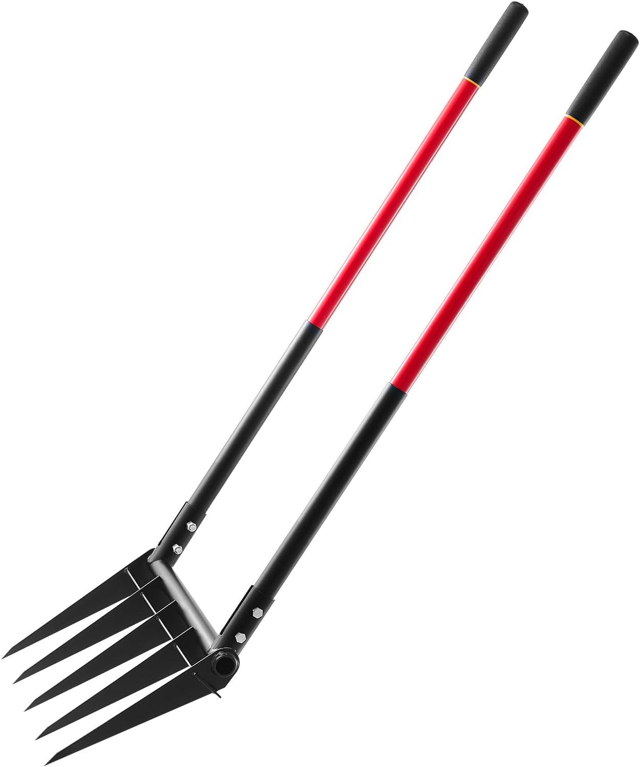 imageVEVOR Broad Fork 5Tine Pitchfork with Dual Fiberglass Handles Heavy Duty Garden Fork Ergonomic UShaped Design Broadfork Hand Tiller Gardening Tool for Composting Transplanting Aeration5TineU