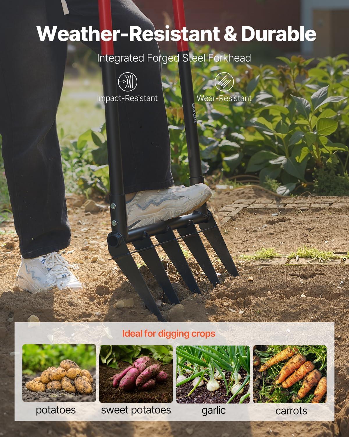 imageVEVOR Broad Fork 5Tine Pitchfork with Dual Fiberglass Handles Heavy Duty Garden Fork Ergonomic UShaped Design Broadfork Hand Tiller Gardening Tool for Composting Transplanting Aeration5TineU