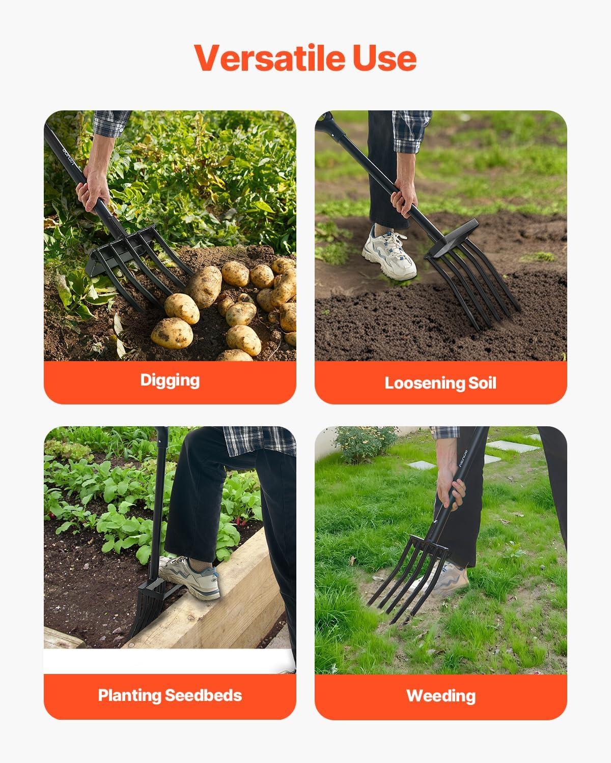 imageVEVOR Broad Fork 5Tine Pitchfork with Dual Fiberglass Handles Heavy Duty Garden Fork Ergonomic UShaped Design Broadfork Hand Tiller Gardening Tool for Composting Transplanting Aeration5Tine
