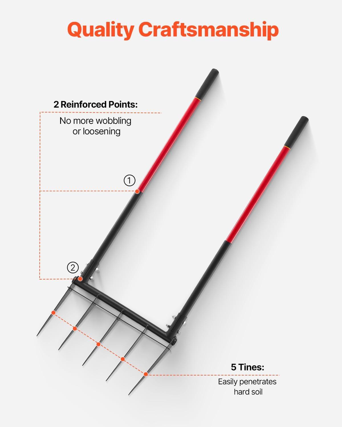 imageVEVOR Broad Fork 5Tine Pitchfork with Dual Fiberglass Handles Heavy Duty Garden Fork Ergonomic UShaped Design Broadfork Hand Tiller Gardening Tool for Composting Transplanting Aeration5TineU