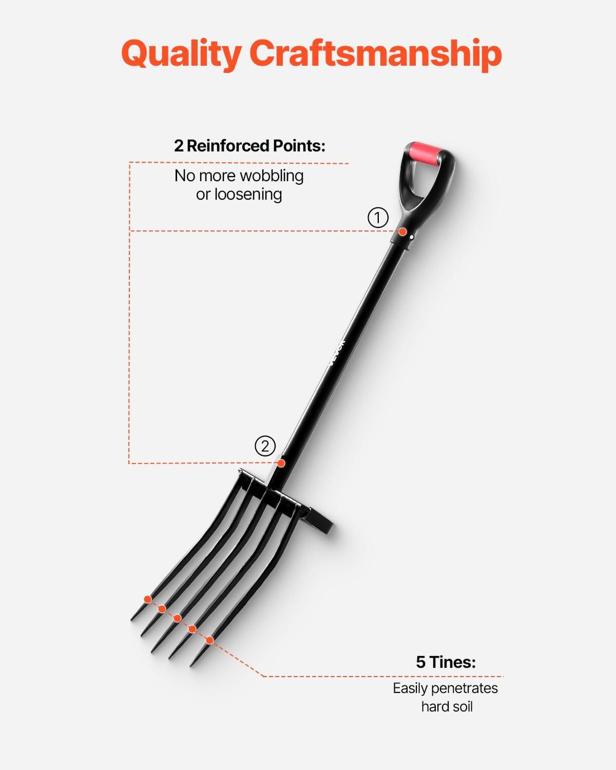 imageVEVOR Broad Fork 5Tine Pitchfork with Dual Fiberglass Handles Heavy Duty Garden Fork Ergonomic UShaped Design Broadfork Hand Tiller Gardening Tool for Composting Transplanting Aeration5Tine