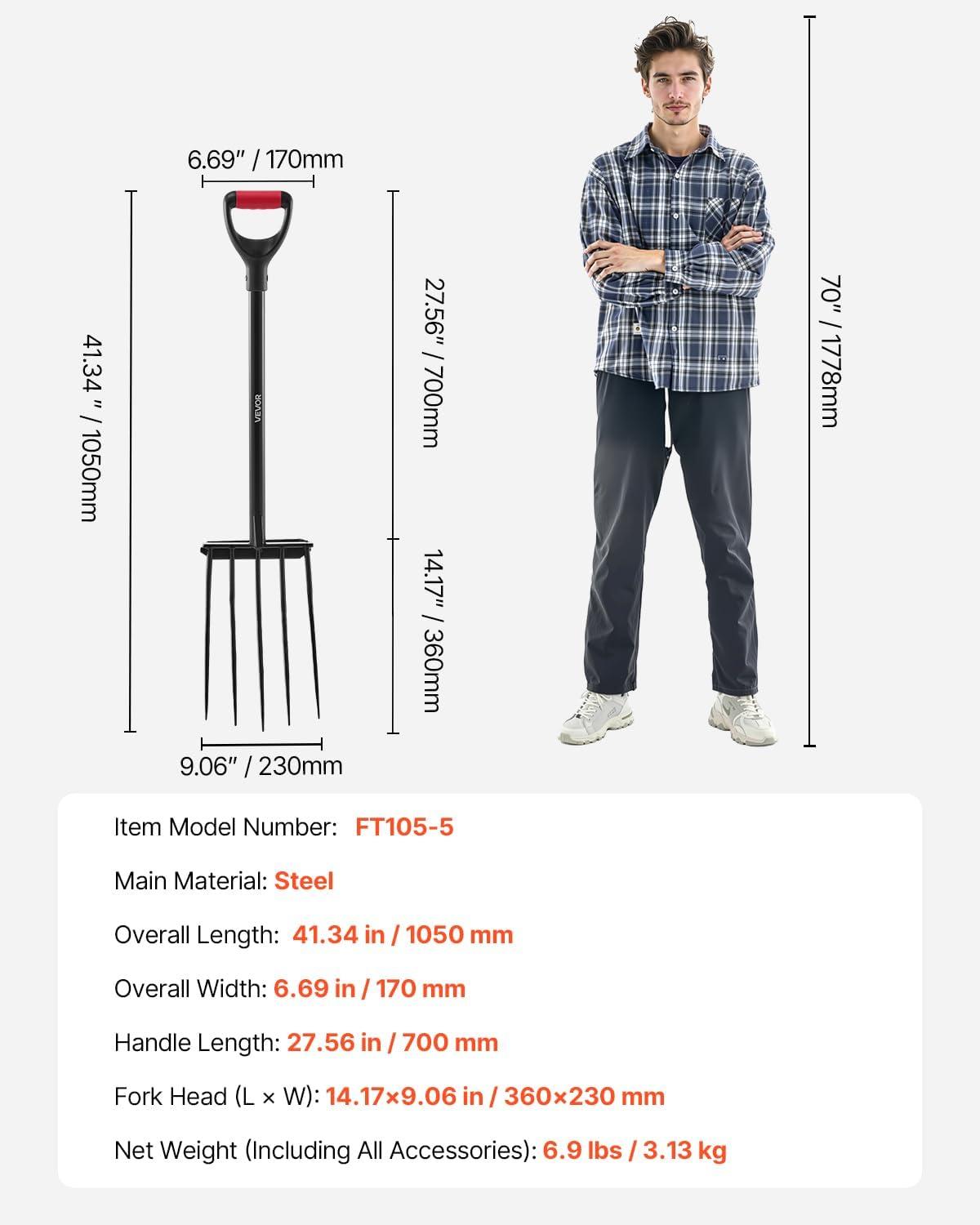 imageVEVOR Broad Fork 5Tine Pitchfork with Dual Fiberglass Handles Heavy Duty Garden Fork Ergonomic UShaped Design Broadfork Hand Tiller Gardening Tool for Composting Transplanting Aeration5Tine