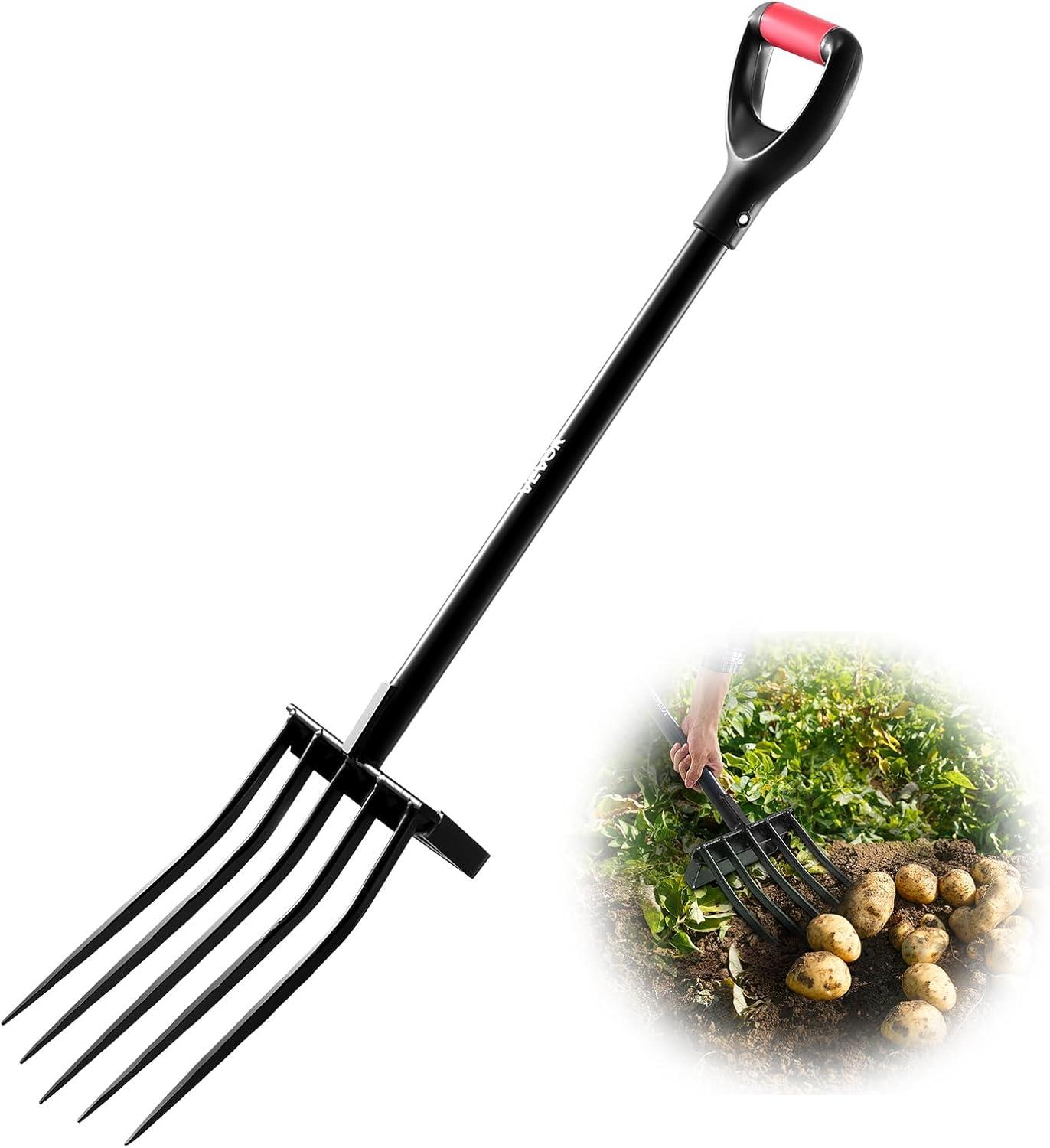 imageVEVOR Broad Fork 5Tine Pitchfork with Dual Fiberglass Handles Heavy Duty Garden Fork Ergonomic UShaped Design Broadfork Hand Tiller Gardening Tool for Composting Transplanting Aeration5Tine