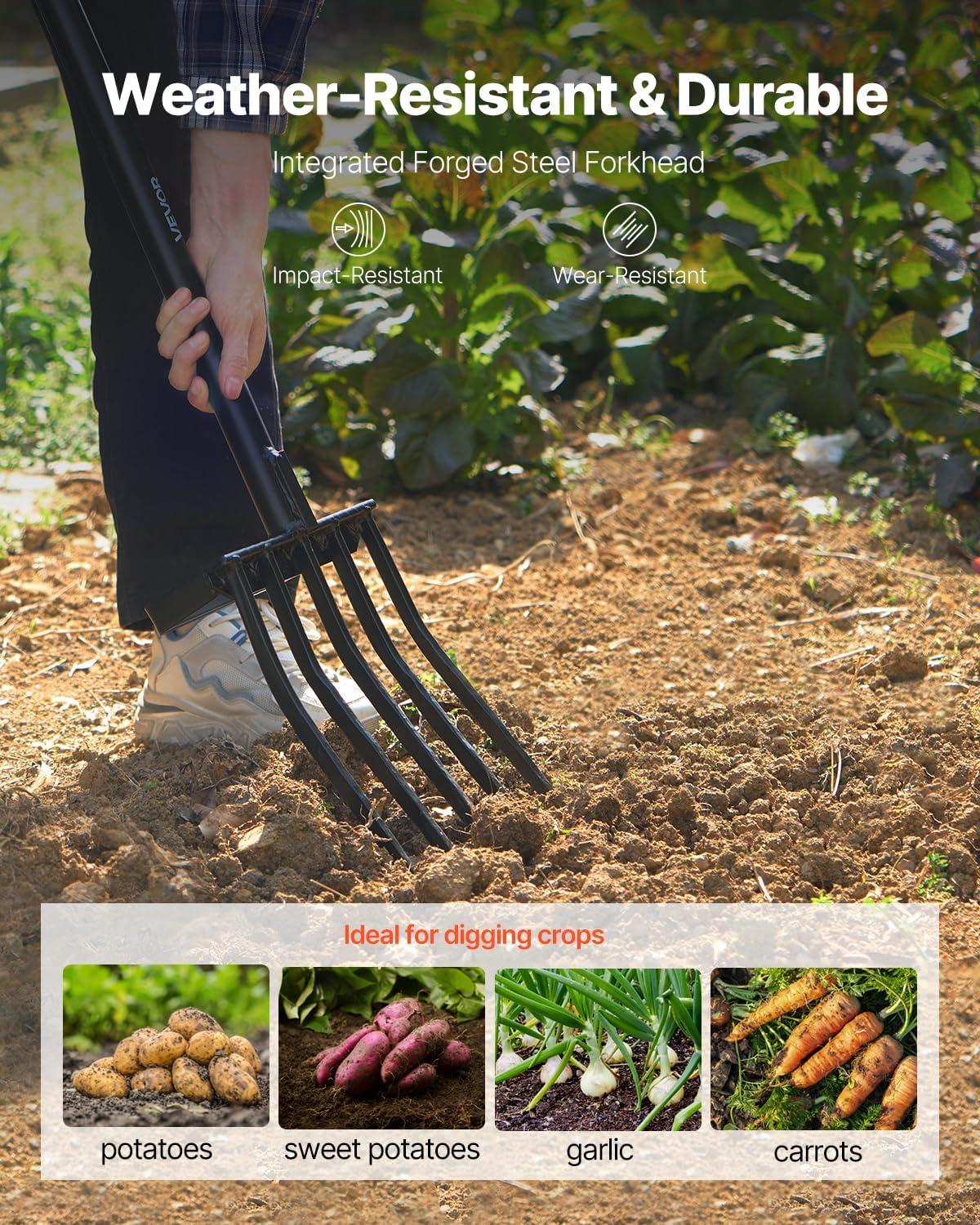 imageVEVOR Broad Fork 5Tine Pitchfork with Dual Fiberglass Handles Heavy Duty Garden Fork Ergonomic UShaped Design Broadfork Hand Tiller Gardening Tool for Composting Transplanting Aeration5Tine