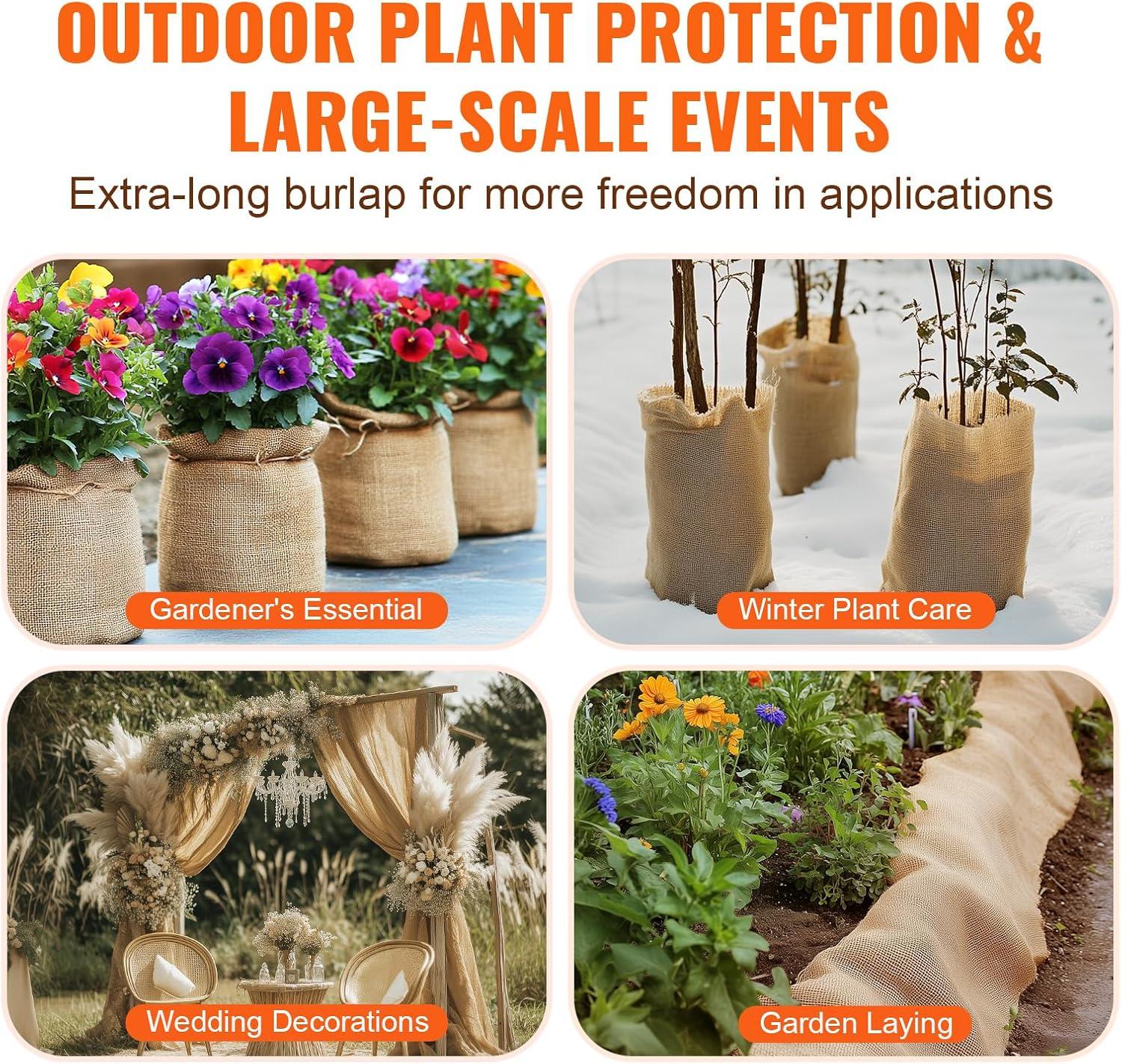 imageVEVOR Burlap Fabric Roll 14 x 30 ft High Density Natural Jute Fiber Material for Outdoor Plant Care Tree Wrap Roll Decor DIY Crafts Wedding Garden Weed Barrier Plants ampamp Trees Winter Covering14 inch x 150 ft