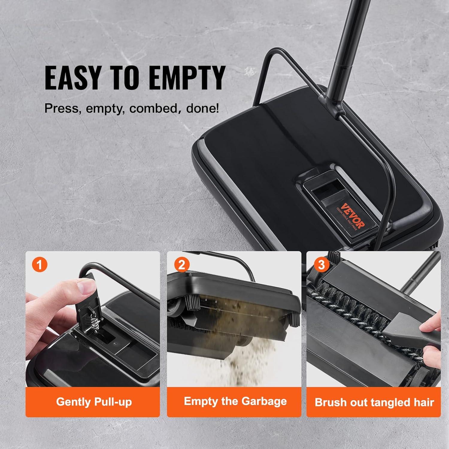 imageVEVOR Carpet Sweeper Manual Floor Sweeper with 300 ml Dustbin Capacity Easy to Empty for Home Office Carpets Pet Hair Dust BlackBlack