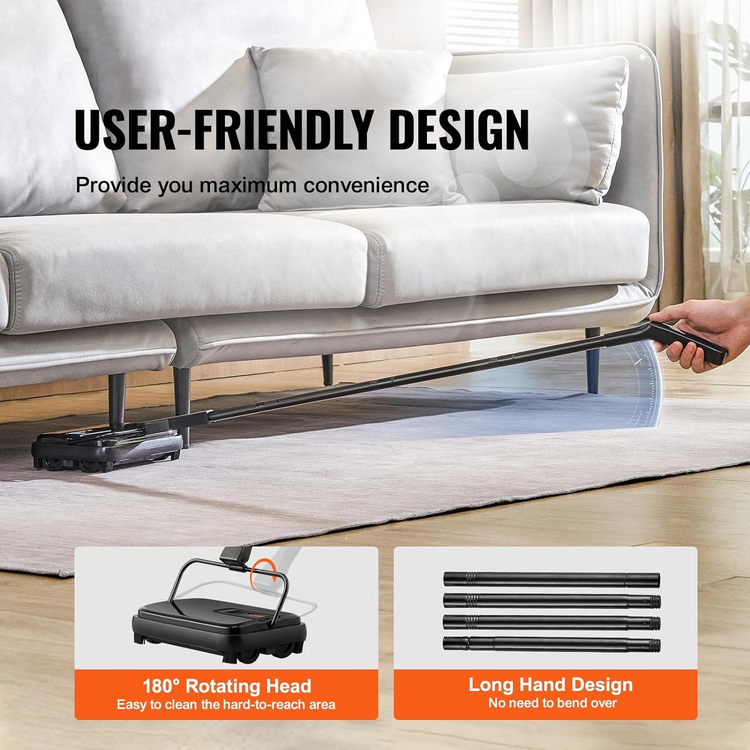 imageVEVOR Carpet Sweeper Manual Floor Sweeper with 300 ml Dustbin Capacity Easy to Empty for Home Office Carpets Pet Hair Dust BlackBlack