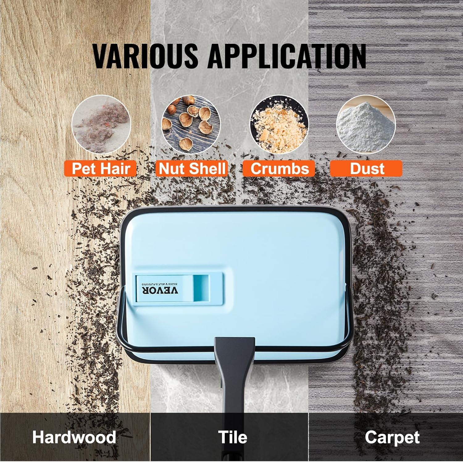 imageVEVOR Carpet Sweeper Manual Floor Sweeper with 300 ml Dustbin Capacity Easy to Empty for Home Office Carpets Pet Hair Dust BlackBlue