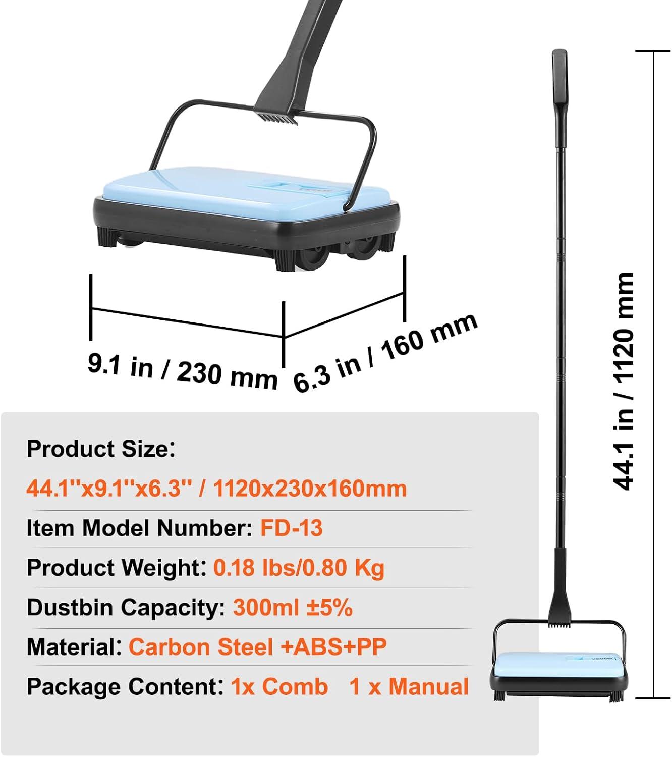imageVEVOR Carpet Sweeper Manual Floor Sweeper with 300 ml Dustbin Capacity Easy to Empty for Home Office Carpets Pet Hair Dust BlackBlue