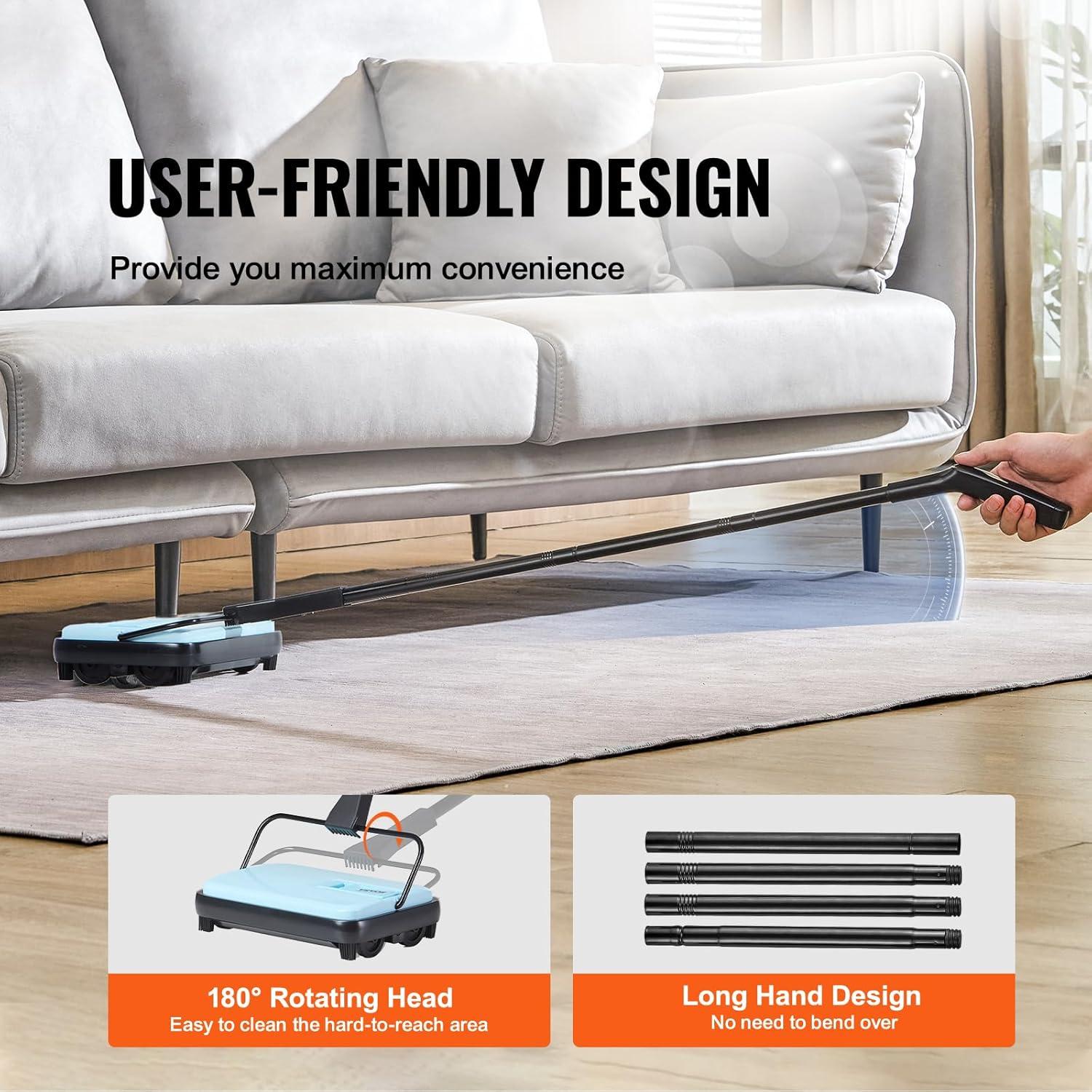 imageVEVOR Carpet Sweeper Manual Floor Sweeper with 300 ml Dustbin Capacity Easy to Empty for Home Office Carpets Pet Hair Dust BlackBlue